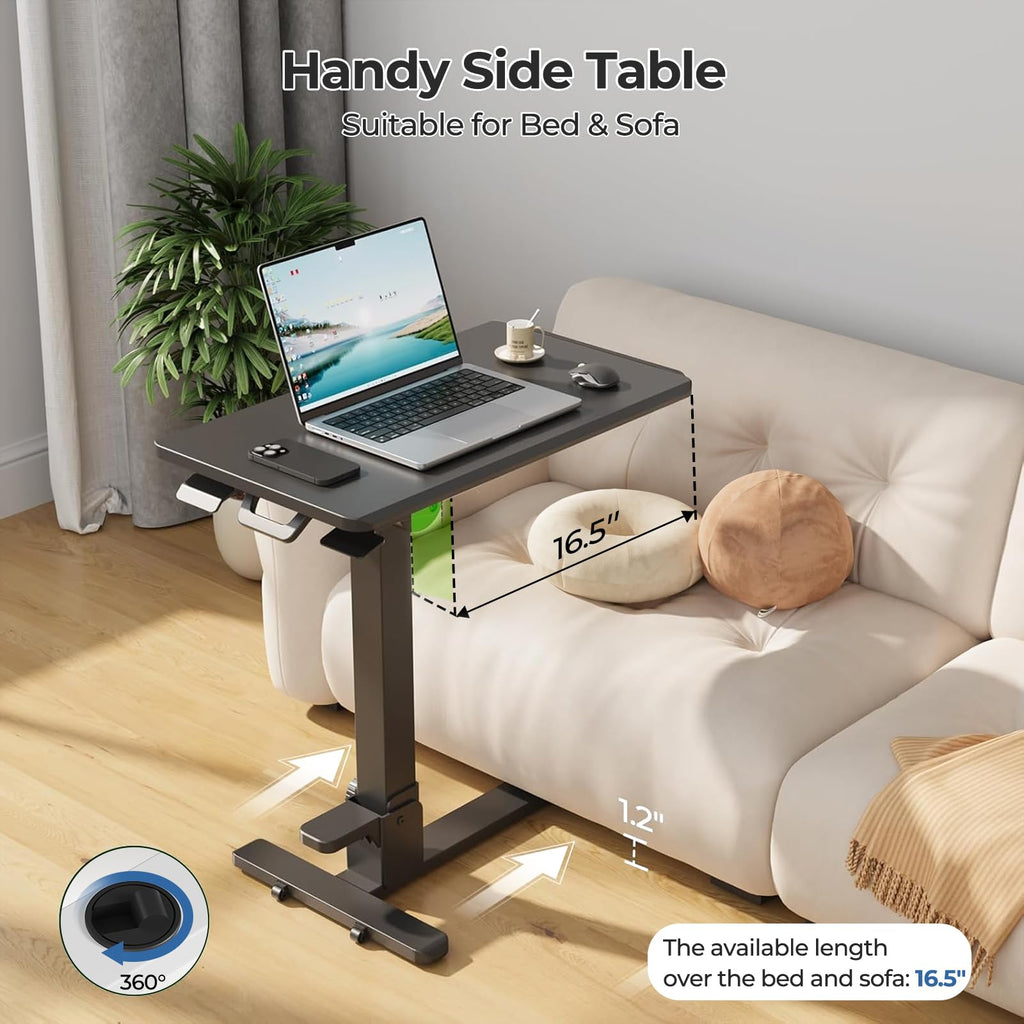 Foldable Mobile Standing Desk, 27 Inch Small Rolling Laptop Cart Height Adjustment, 90° Tiltable Sofaside Table, No Assembly Needed Portable Computer Workstation, Black