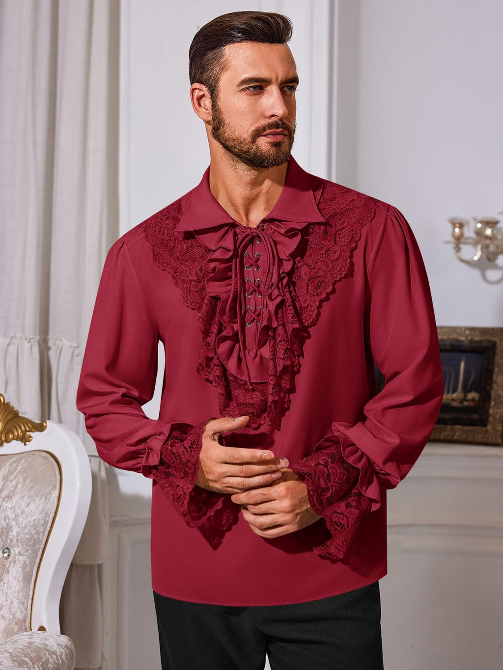 Runcati Mens Pirate Shirt Ruffle Renaissance Victorian Vampire Poet Shirts Steampunk Gothic Medieval Lace Costume