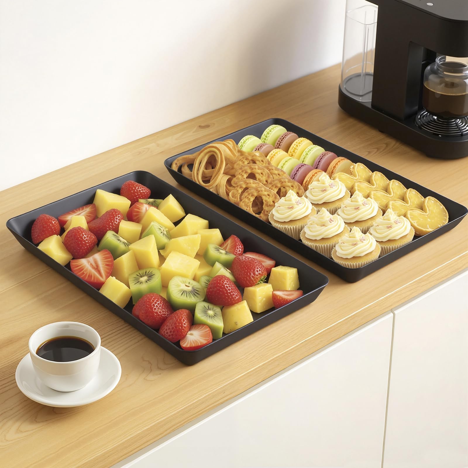 WOWBOX 4 pcs Serving Tray for Entertaining, Serving Platters for Snacks, Fruit, Cookies, Dessert, Reusable Plastic Trays for Serving Food, (White, Black, Green, Red)