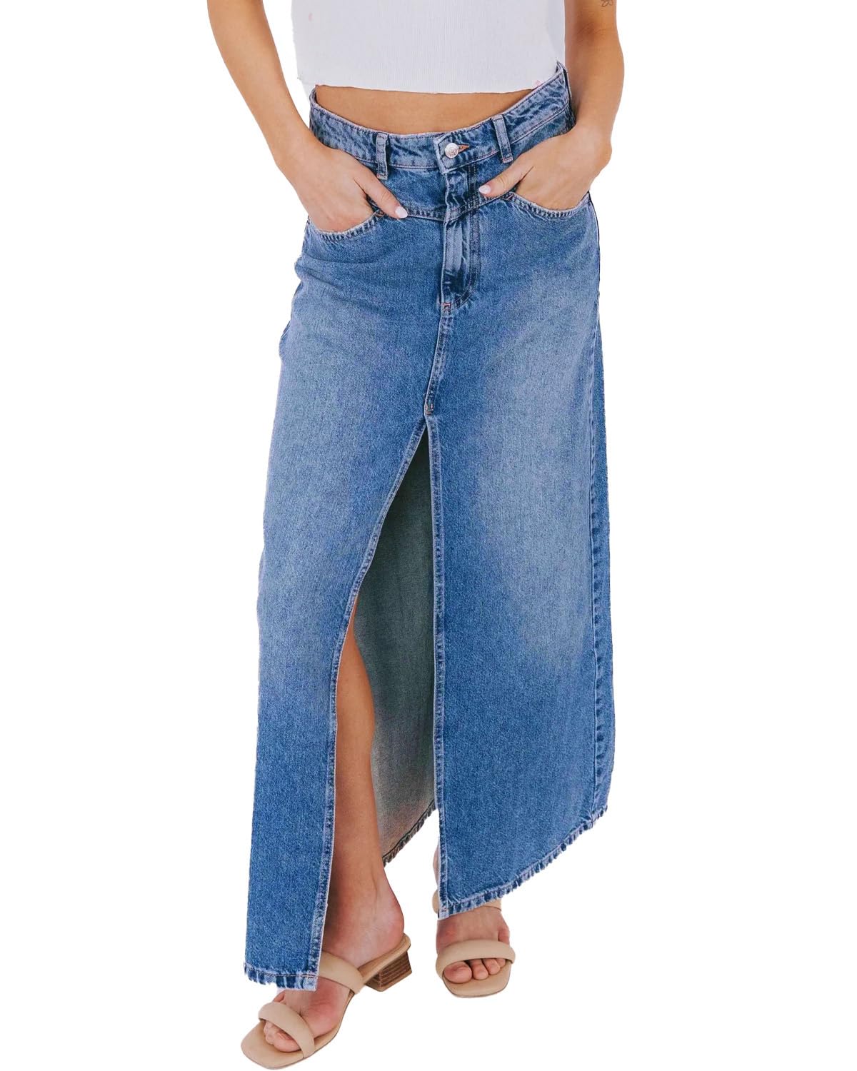 Jean Skirt for Women Denim Skirt High Waist Stretch Midi Denim Skirts with Pockets