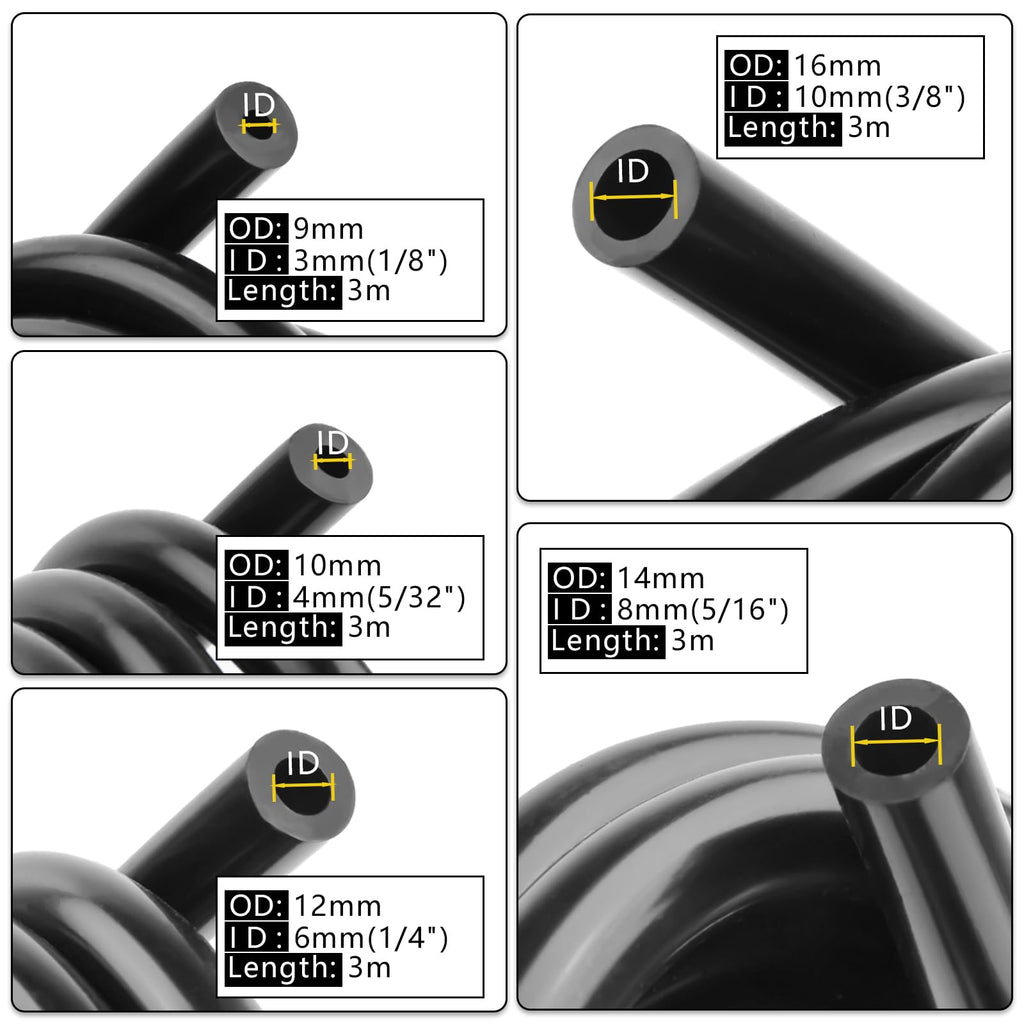 Shineyoo Silicone Vacuum Tubing Hose 6.6 FT, 1/8" 5/32" 1/4" 5/16" 3/8" ID High Performance 130PSI, Engine Automotive Vacuum Silicone Hose Line 5PCS