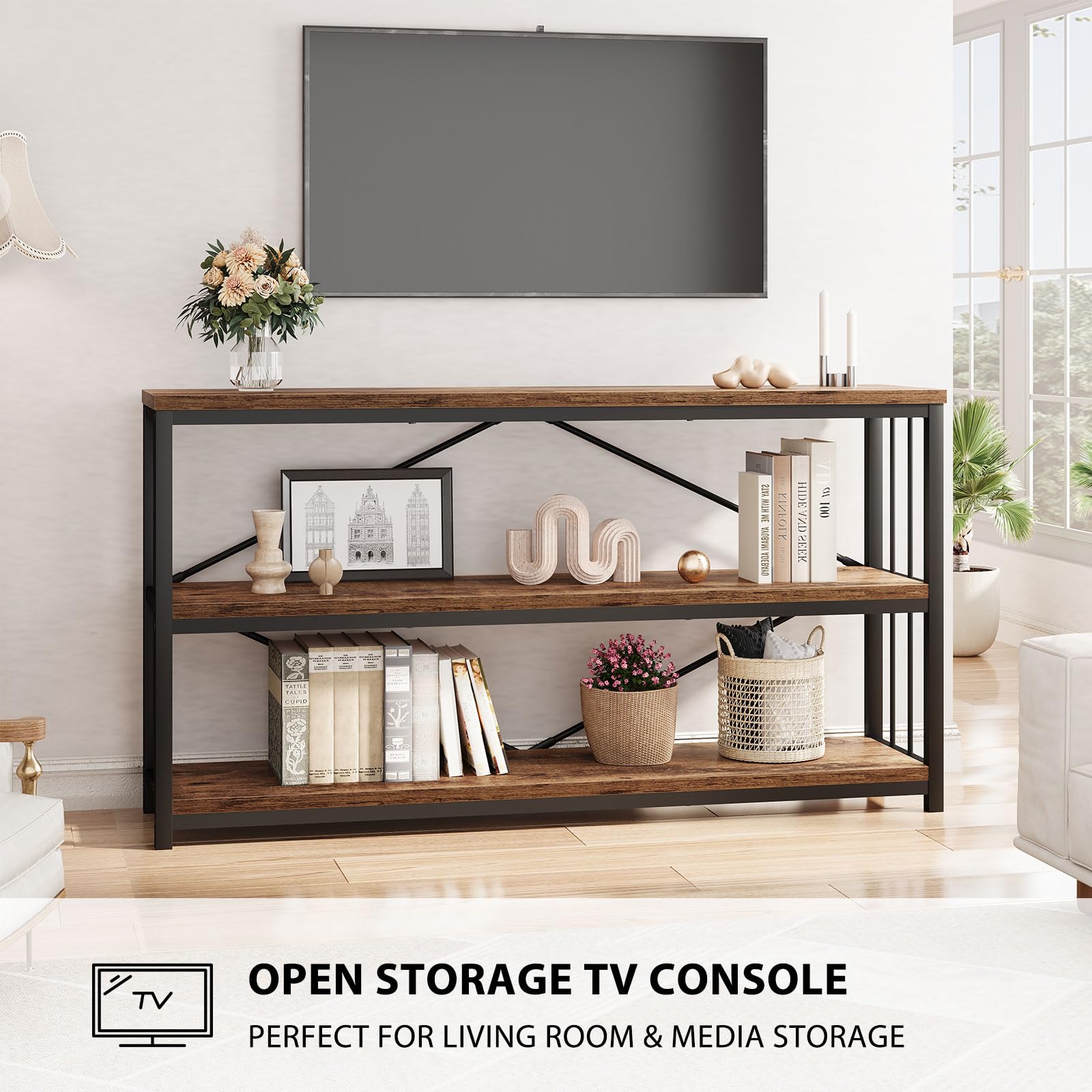 LVB Black Console Table, Modern Entryway Table for Hallway Living Room, Industrial Sofa Table Behind Couch, Farmhouse Wooden Metal Entry Table for Foyer with 3-Tier Storage Shelves, Black Oak, 55 Inch