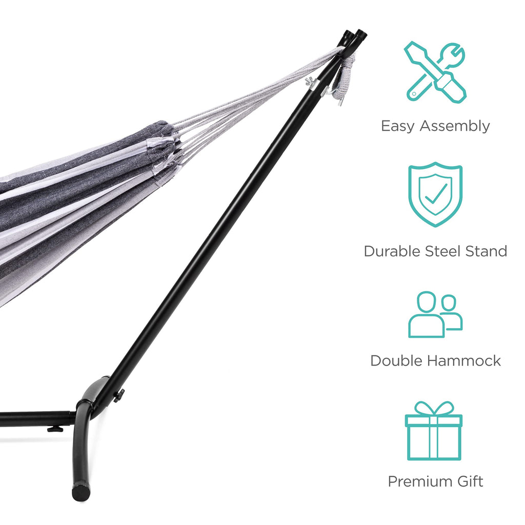 Best Choice Products Double Hammock with Steel Stand, Indoor Outdoor Brazilian-Style Cotton Bed w/Carrying Bag, 2-Person Capacity - Abyss