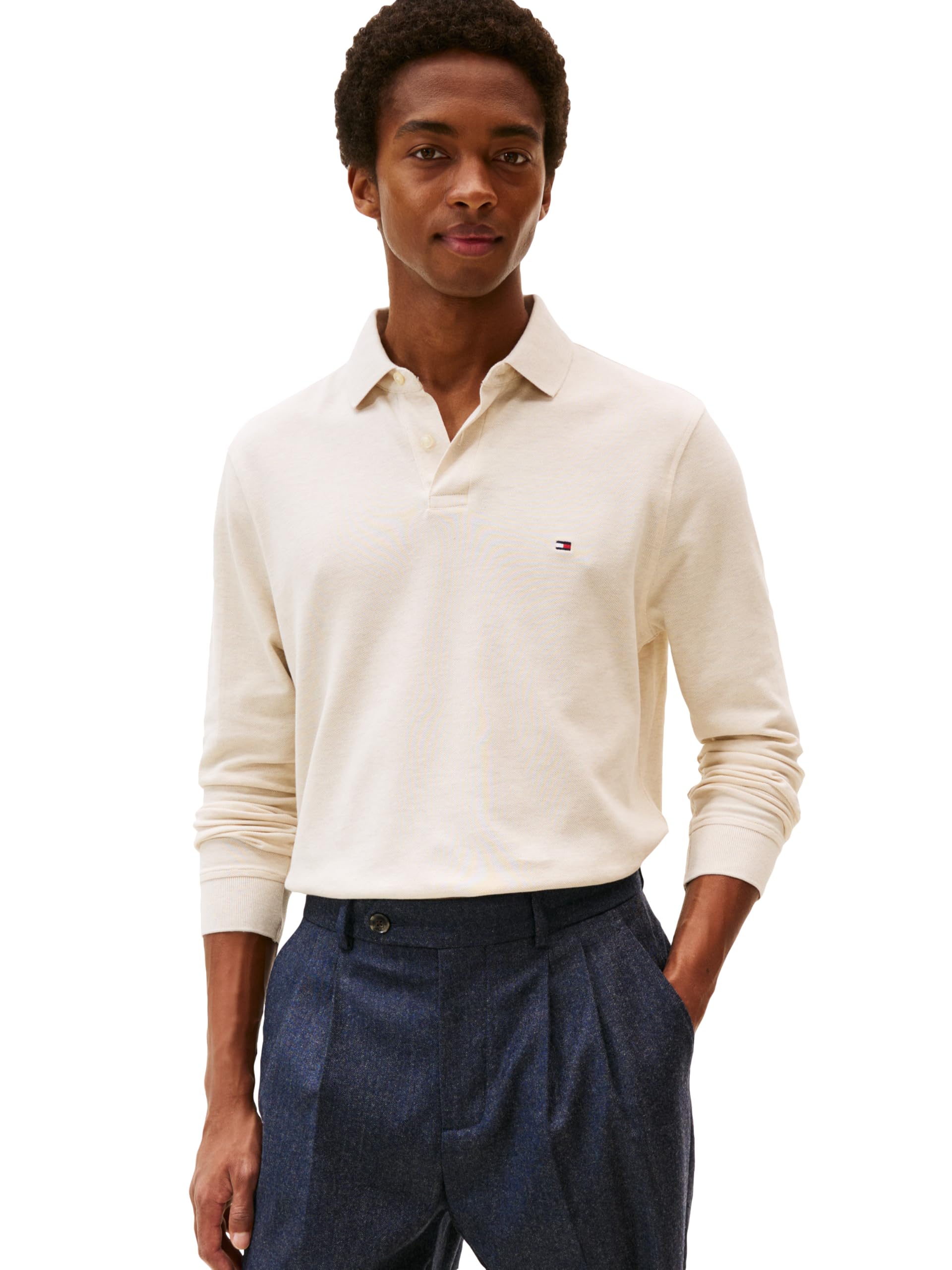Tommy Hilfiger Men's Long Sleeve Polo Shirts in Regular Fit with Stretch and Organic Pique Cotton