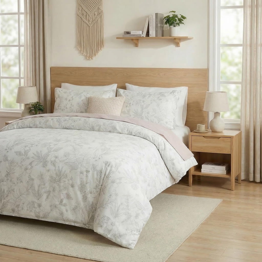 100% Natural Cotton Comforter Set Queen 3 Pcs Grayish Blue Bedding Sets with Luxurious Damask Pattern, Reversible Breathable Soft Comforter Sets for All Season