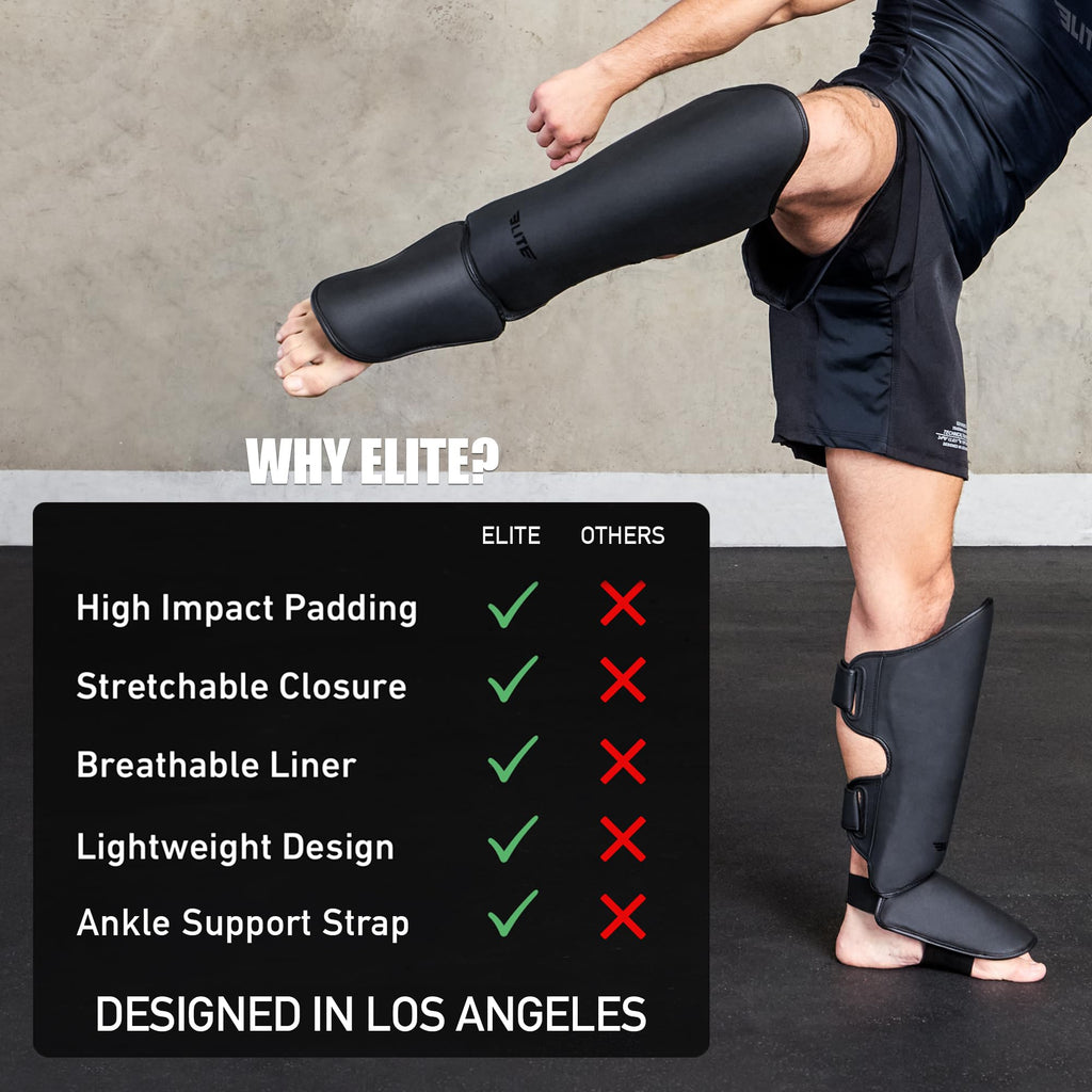 Elite Sports Muay Thai Shin Guards Kickboxing MMA Muay Thai Leg Instep Protective Pads, Martial Art Kicking Sparring Training Gear for BJJ Karate Boxing Taekwondo