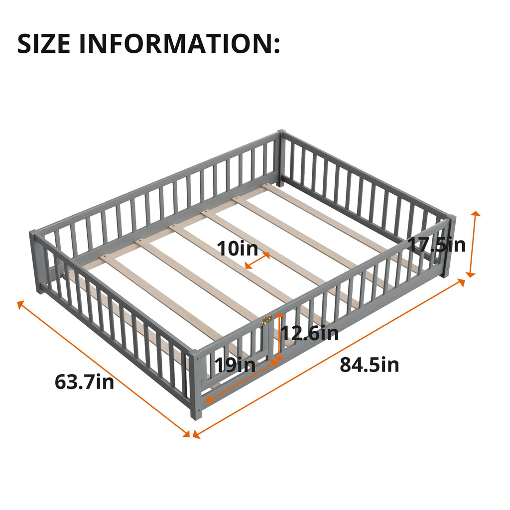 i-POOK Queen Floor Bed for Children, Sturdy Wood Montessori Bed Frame with Wood Slats, High Fence & Small Door for Girls and Boys, Espresso (with Bed Slats)