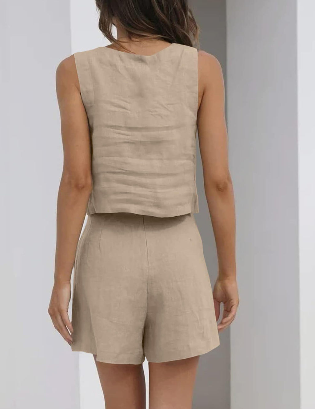 Womens Linen 2 Piece Outfits Lounge Sets sleeveless Tank Tops and High Waist Shorts Summer Vacation Set