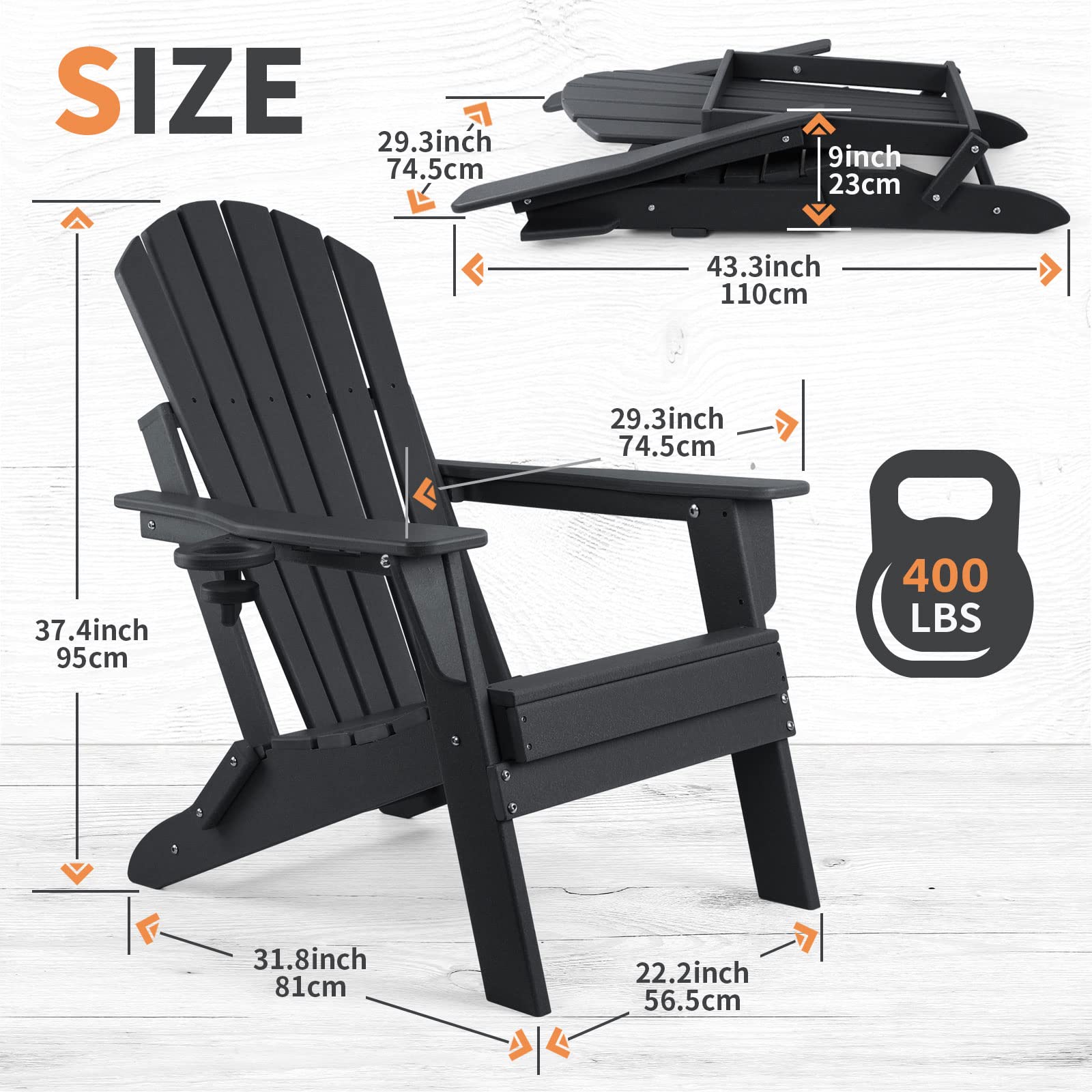 FUNBERRY Folding Adirondack Chair, Fire Pit Chairs with Cup Holder | HDPE All Weather, Quick-Folding, No Rot or Rust or Crack, UV Fade Shield, 400LBS Weight Capacity, Easy-Clean for Outside
