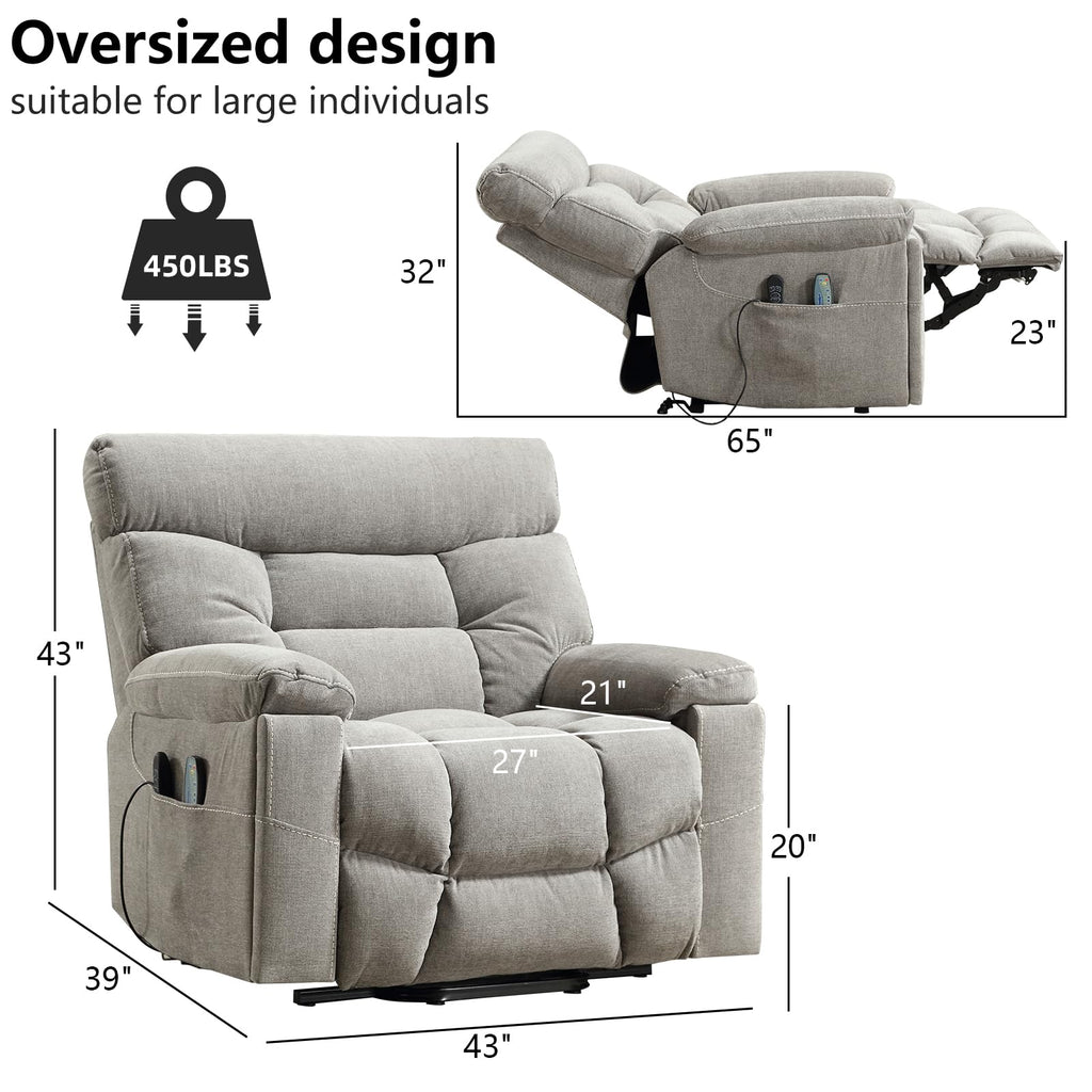 CANMOV Dual Motor Power Lift Recliner Chair for Elderly, 27" Extra-Wide Seat 450 lbs Weight Capacity Infinite Position Adjustment, with Heated Massage, Cup Holders and USB Port, Camel Fabric