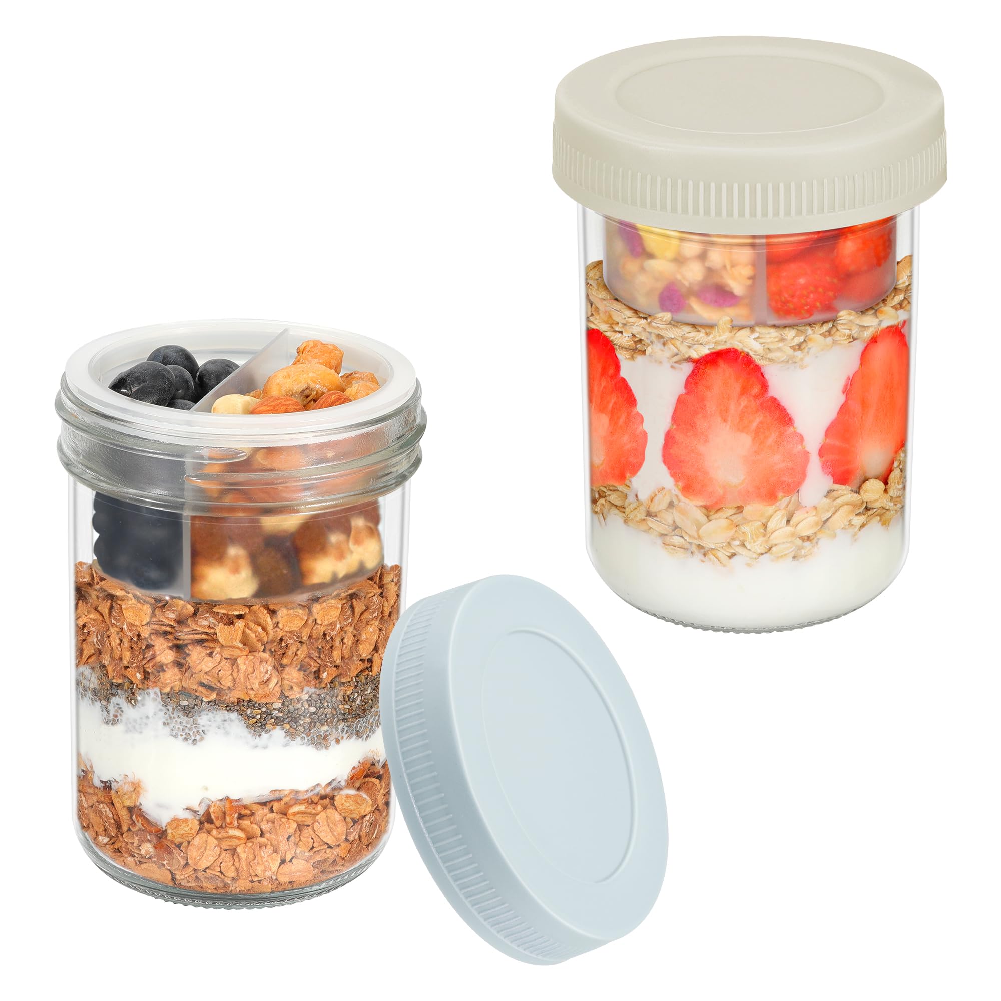 Xyptorix 16 oz Overnight Oats Containers with Airtight Lids - 2-Pack Leak-Proof Wide Mouth Mason Jars & Divided Cups for Dried and Wet Foods, Glass Jars for Chia Pudding, Salad, Snacks, and Yogurt