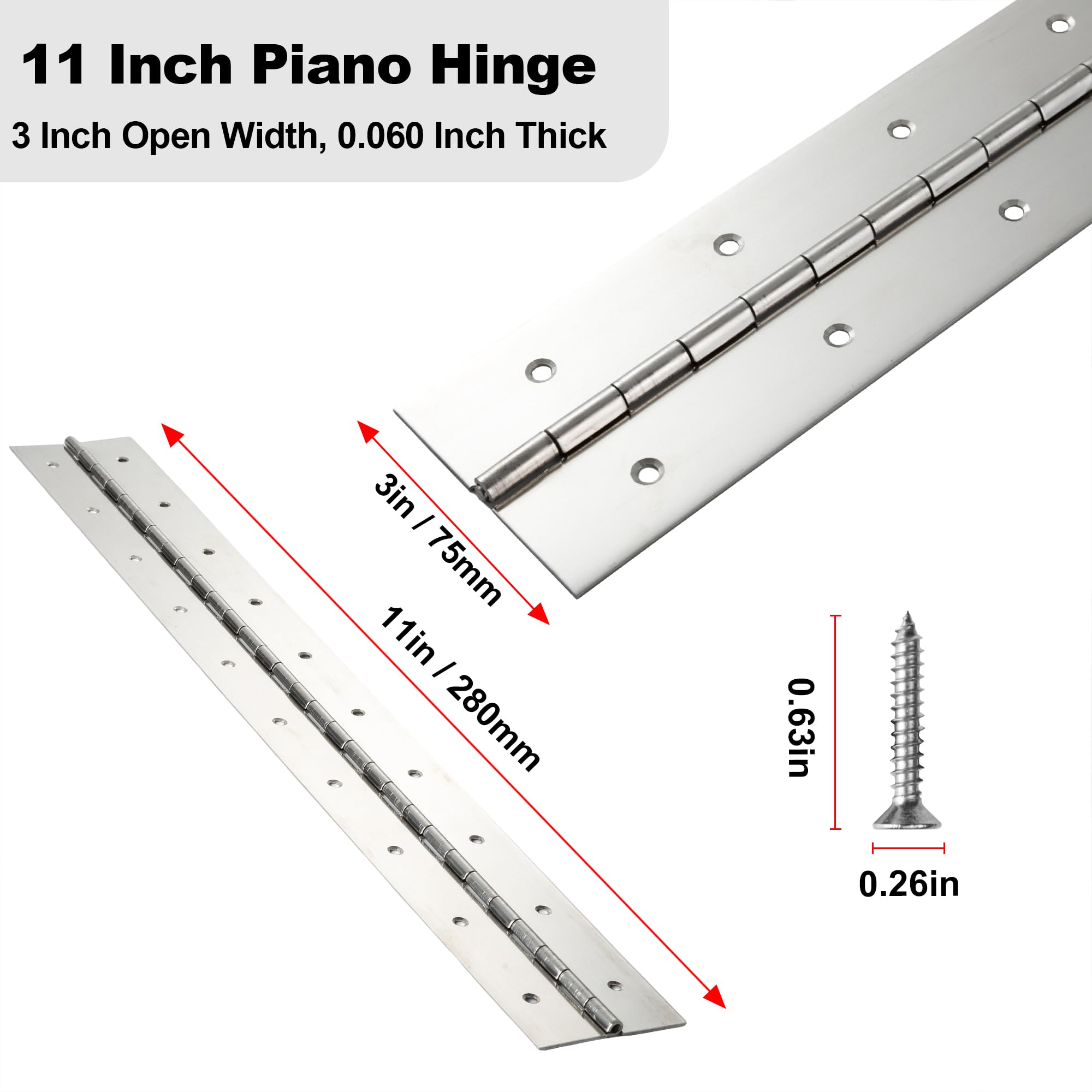 2 Pcs Heavy Duty Piano Hinge 8 Inch x 3 Inch Width, True 0.060'' Thick Stainless Steel Piano Hinge for Heavy Duty Cabinet, Door, Toolbox, Wooden Box, Metal Plate, Furniture, Industrial Project