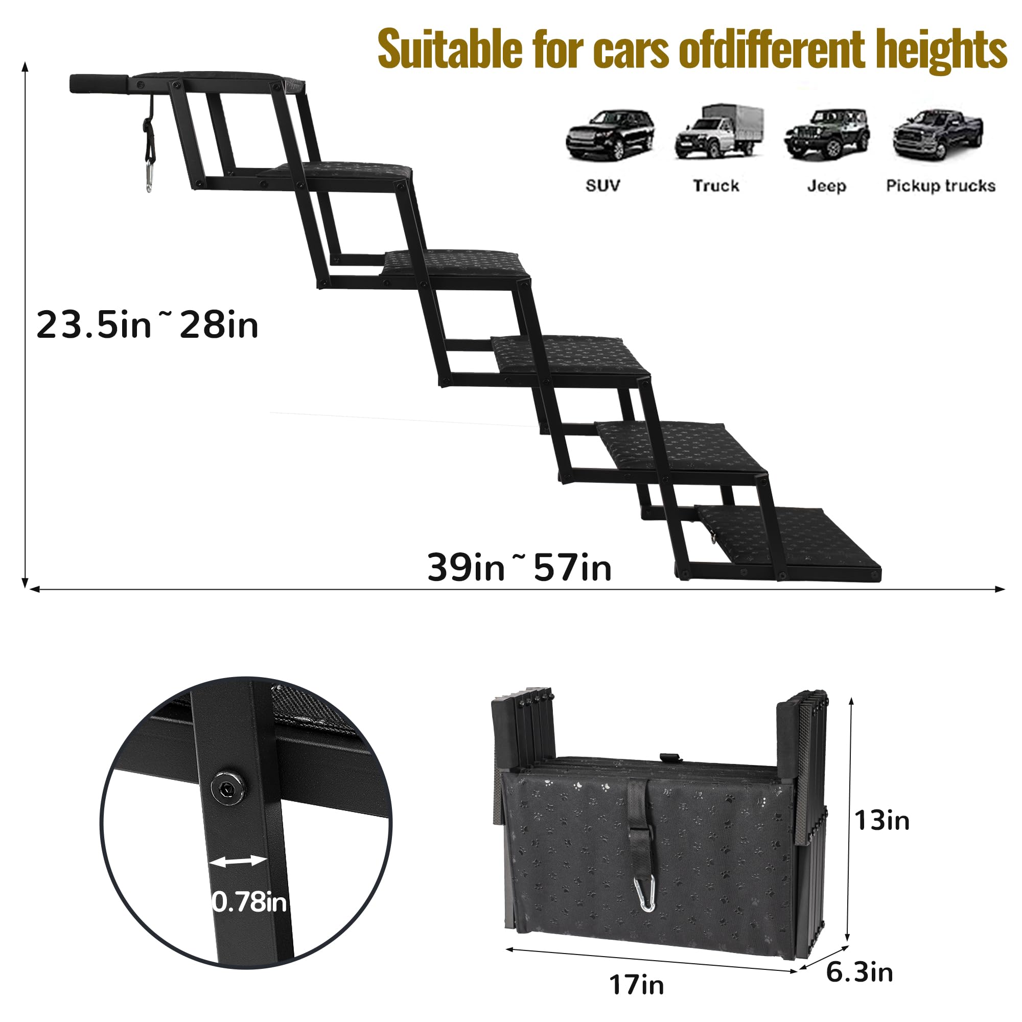 Dog Stairs for Car - Foldable Dog Ramps for Large Dogs with Non Slip Surface, Portable Dog Steps for Cars and SUV, Truck, Support Up to 200 Lbs