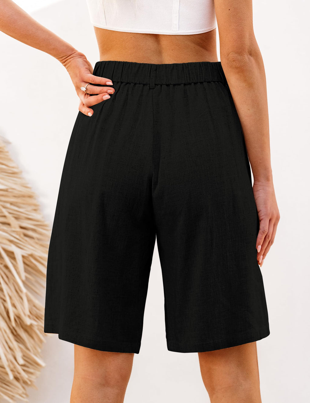 luvamia Bermuda Shorts for Women High Waisted Linen Dressy Casual Pleated Wide Leg Summer Shorts with Elastic Waist