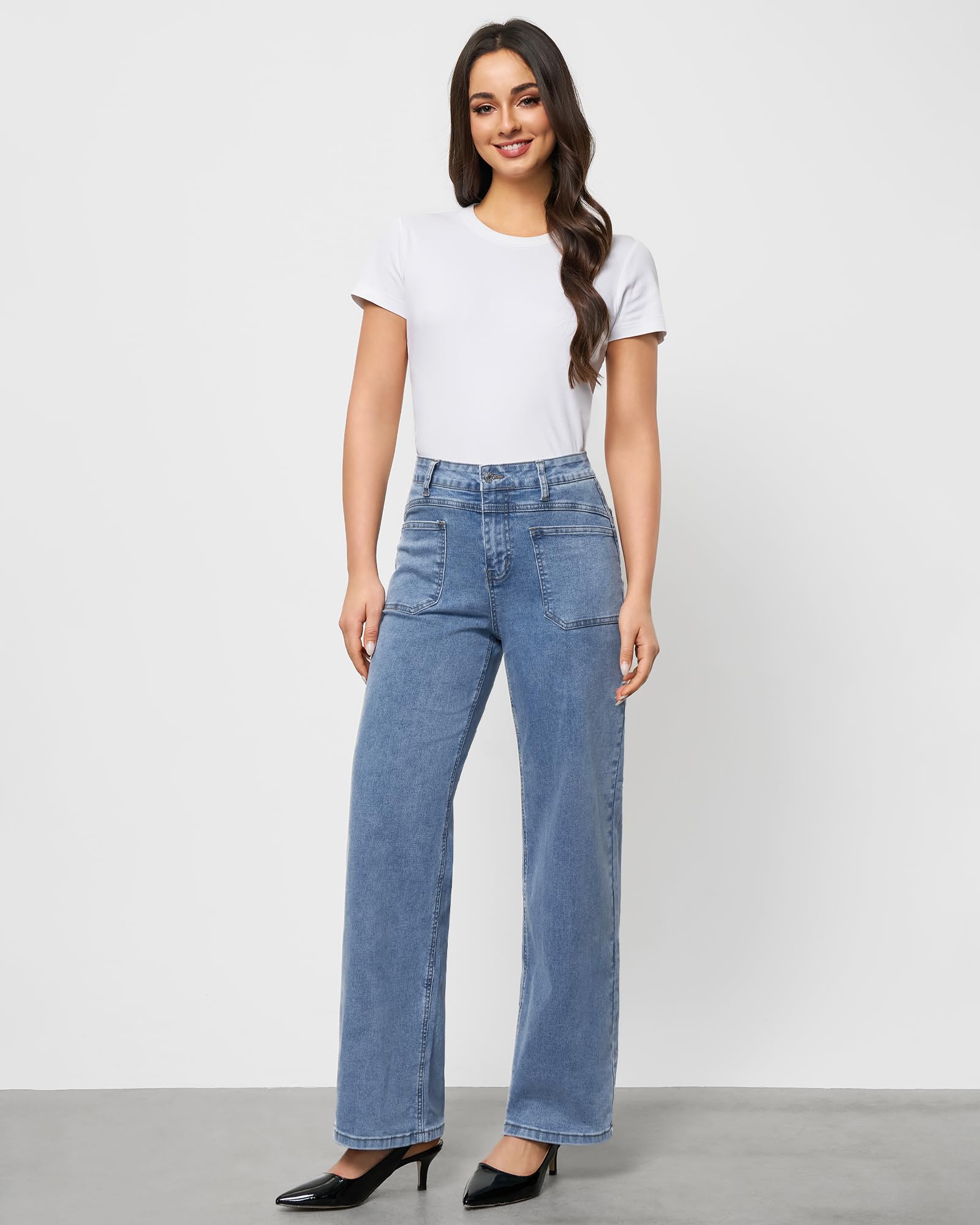 GRAPENT Wide Leg Jeans for Women Trendy High Waisted Loose Straight Leg Stretchy Retro Denim Pants with Pouch Pockets