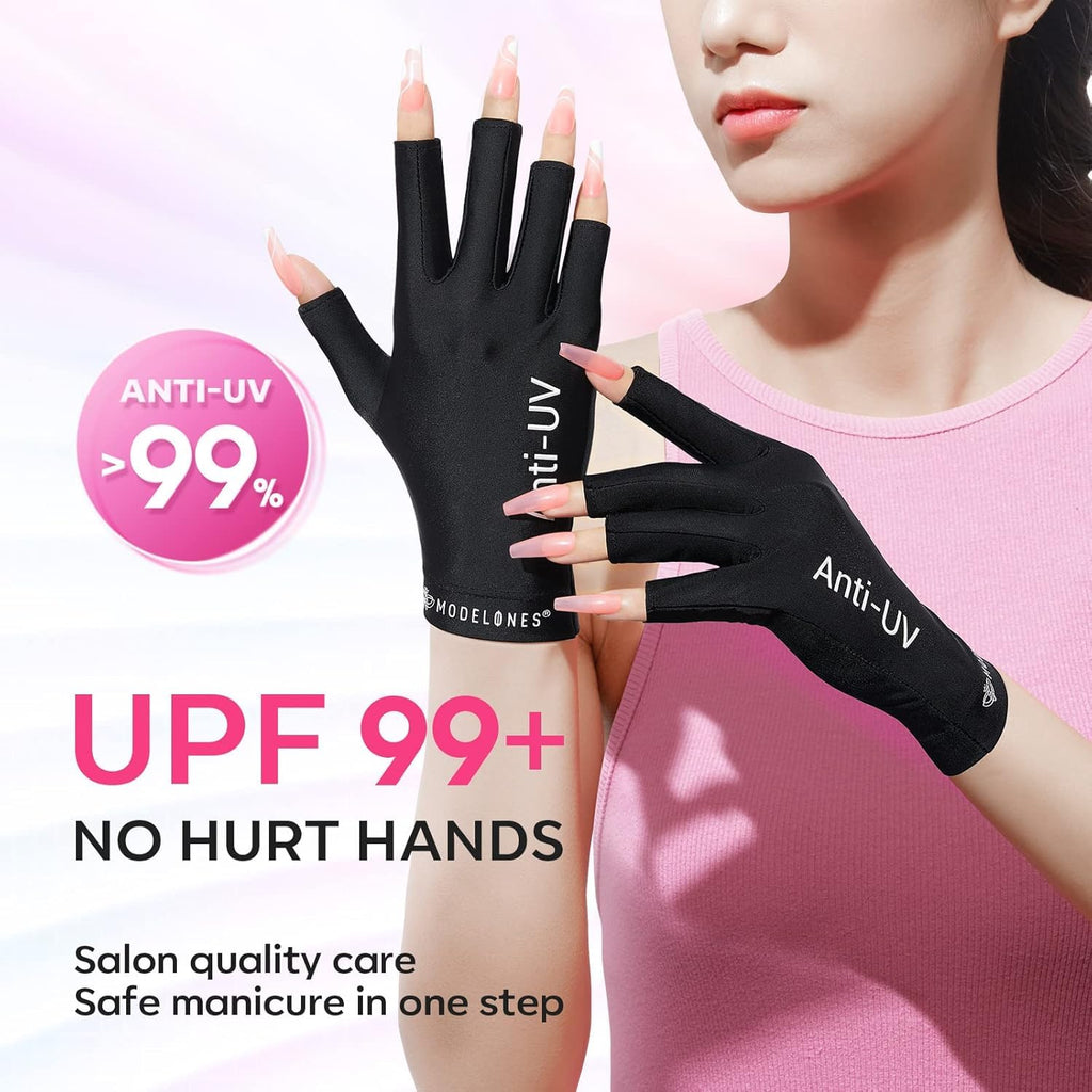 modelones UV Gloves for Gel Manicures, Professional UPF99+ Anti UV Protection Gloves for Gel Nail Lamp (Black)