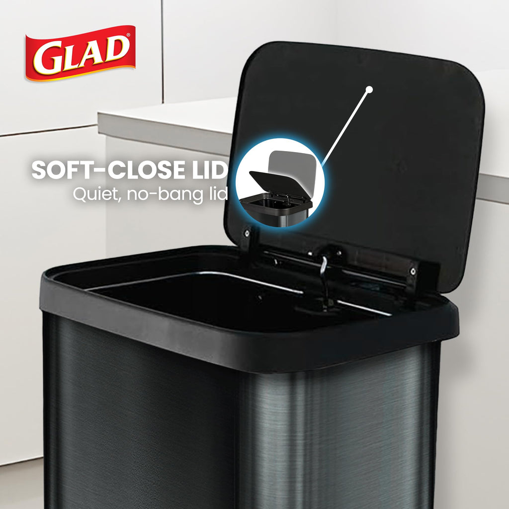 Glad 13 Gallon All Brushed Stainless Steel Trash Can with Clorox Odor Protection | Large Metal Kitchen Garbage Bin with Soft Close Lid, Garbage Bag Rings, Step On Foot Pedal and Waste Bag Roll Holder