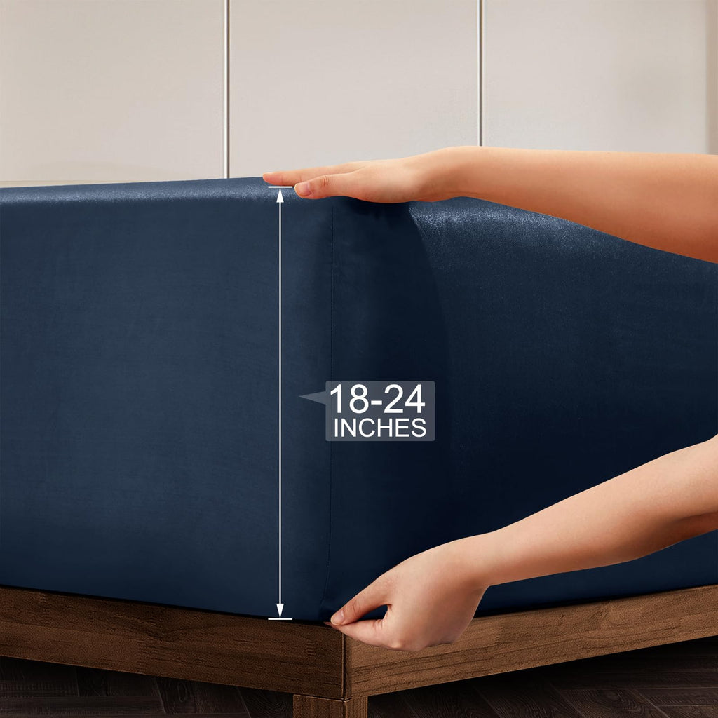 Vonty Extra Deep Pocket Full Sheet Sets - Cooling & Silky Satin Full Size Sheets with 18-24 Inch Deep Pocket, Black Satin Bed Sheets Fit Up to 24" Deep Mattress - 4 Piece Set