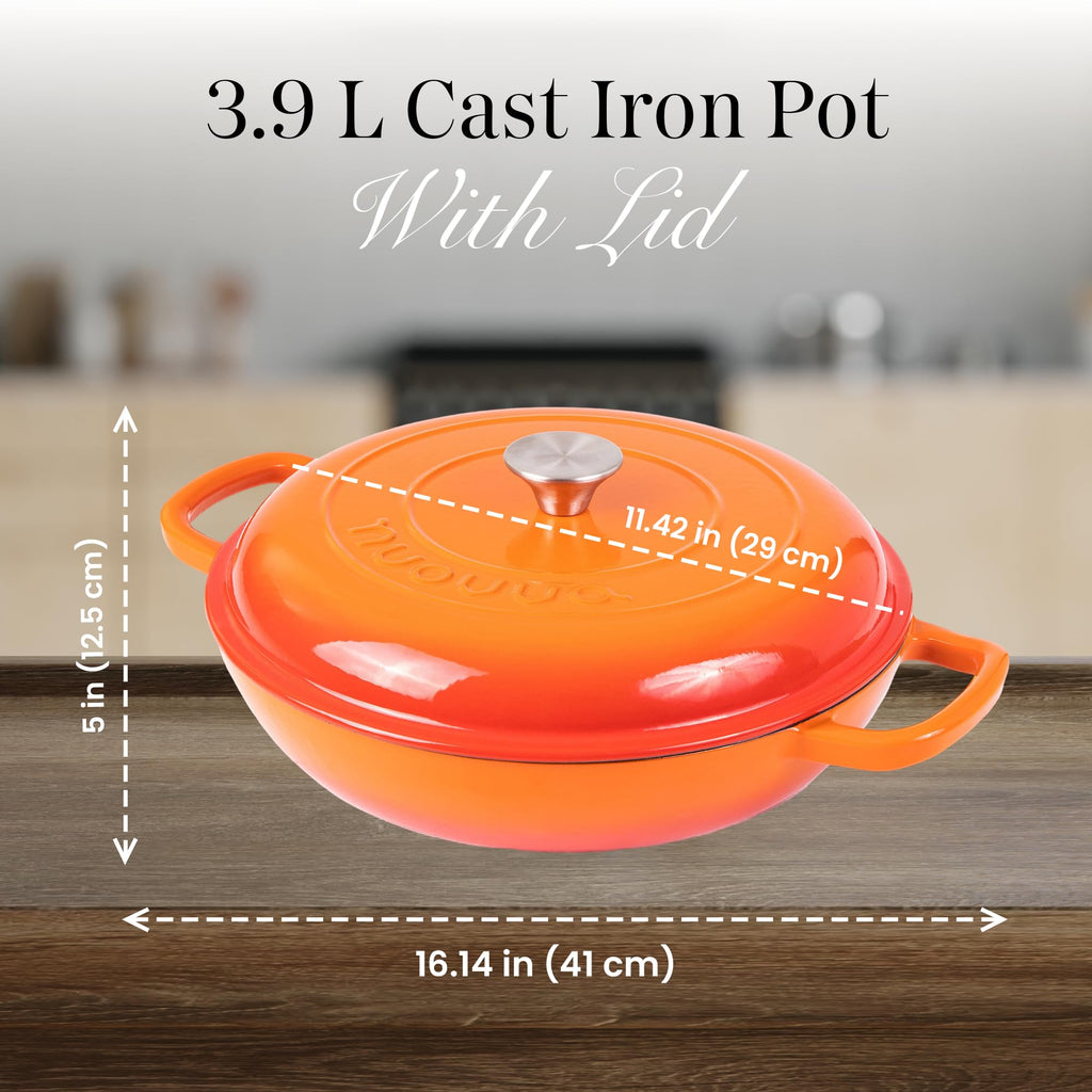 Shallow Cast Iron Casserole with Lid – Non Stick Dutch Oven Pot, Oven Safe up to 500° F – Sturdy Ovenproof Stockpot Cookware – Enamelled Cooking Pot – Black, 5-Quart, 32cm – by Nuovva