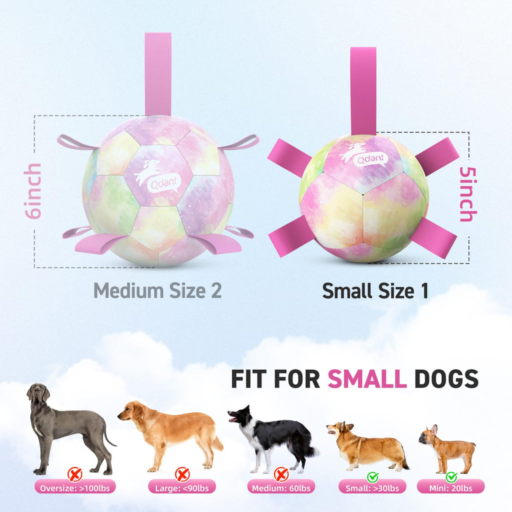 QDAN Dog Toys Soccer Ball with Straps, Durable Dog Balls for Tug of War, Puppy Birthday Gifts, Dogs Water Toy Small Dogs-Rainbow（5 Inch）