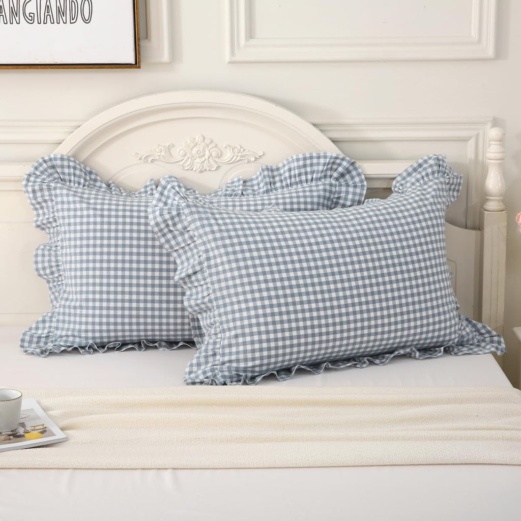 Silnuo Green/White Plaid Ruffled Queen Size Pillow Shams Set of 2,Washed Cotton Shabby Checkered Gingham Farmhouse Bed Pillow Covers 20"x30"