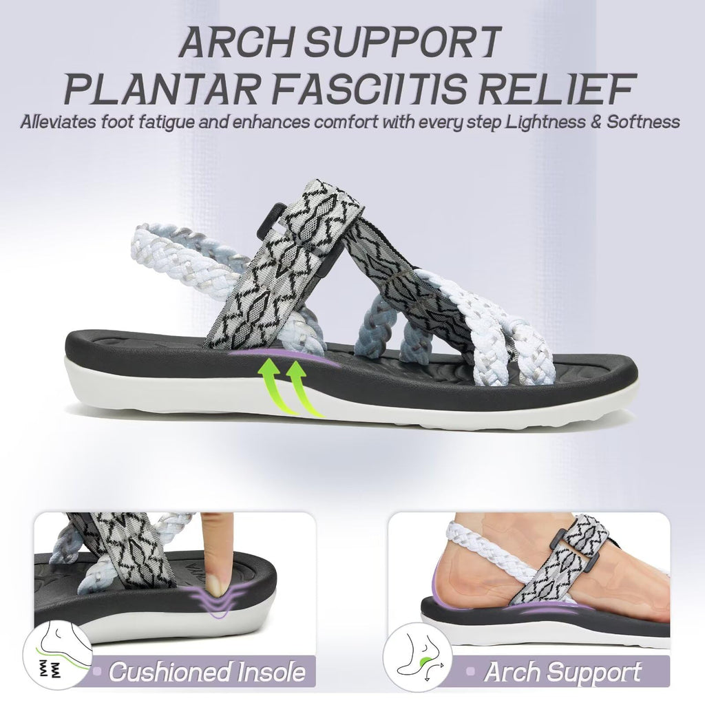 MEGNYA Hiking Sandals for Womens, Comfortable Walking Flip Flop Sandals with Arch Support, Athletic Sandals with Hook and Loop Straps for Beach Vacation Adventure