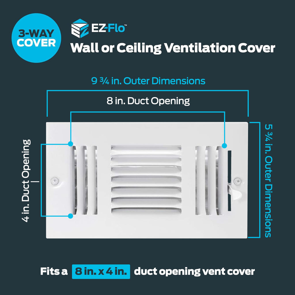EZ-FLO 8 x 4 Inch Three-Way Ventilation Steel Sidewall/Ceiling Register, Steel Duct Opening, 61658