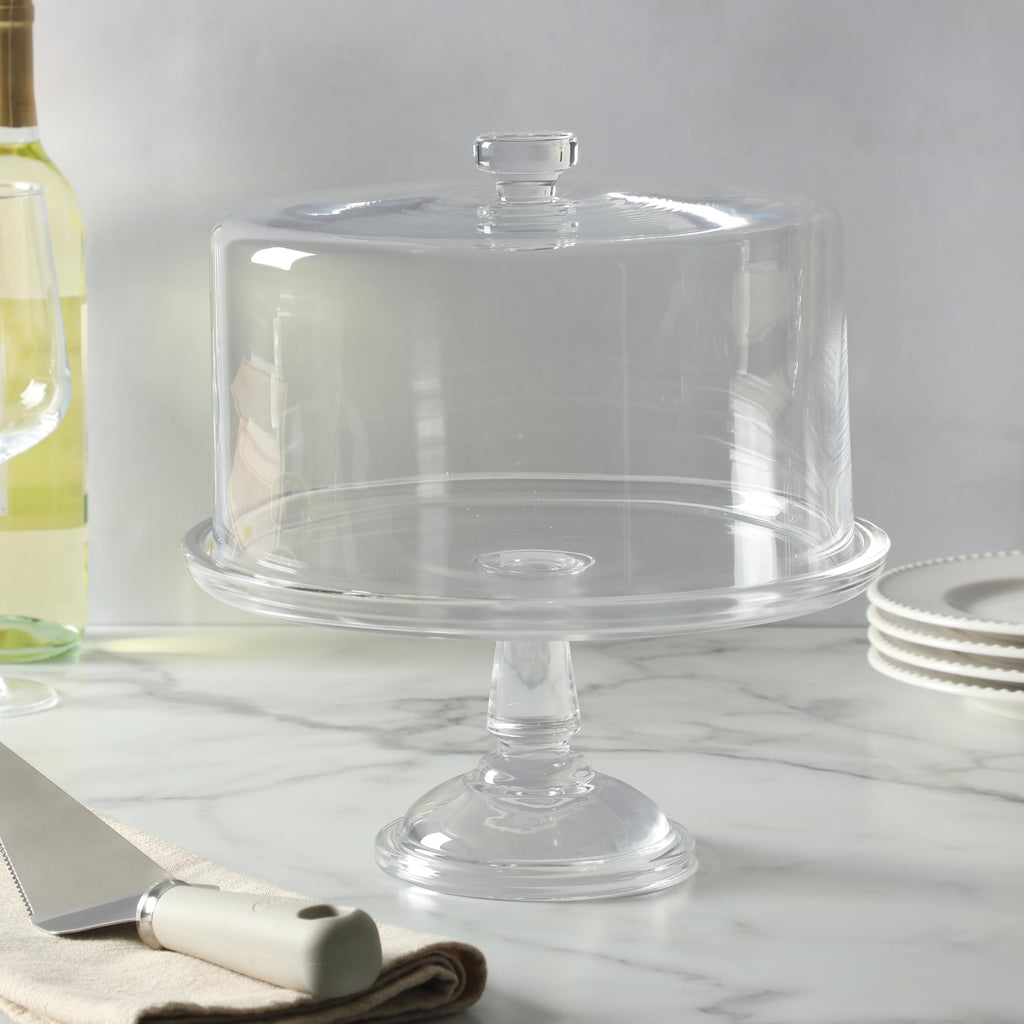 Martha Stewart Watercrest Glass Cake Stand, 10.2 Inch Footed Pedestal Cake Plate with Scalloped Ruffled Edge, Clear Handmade Glassware for Weddings, Parties, and Dessert Display