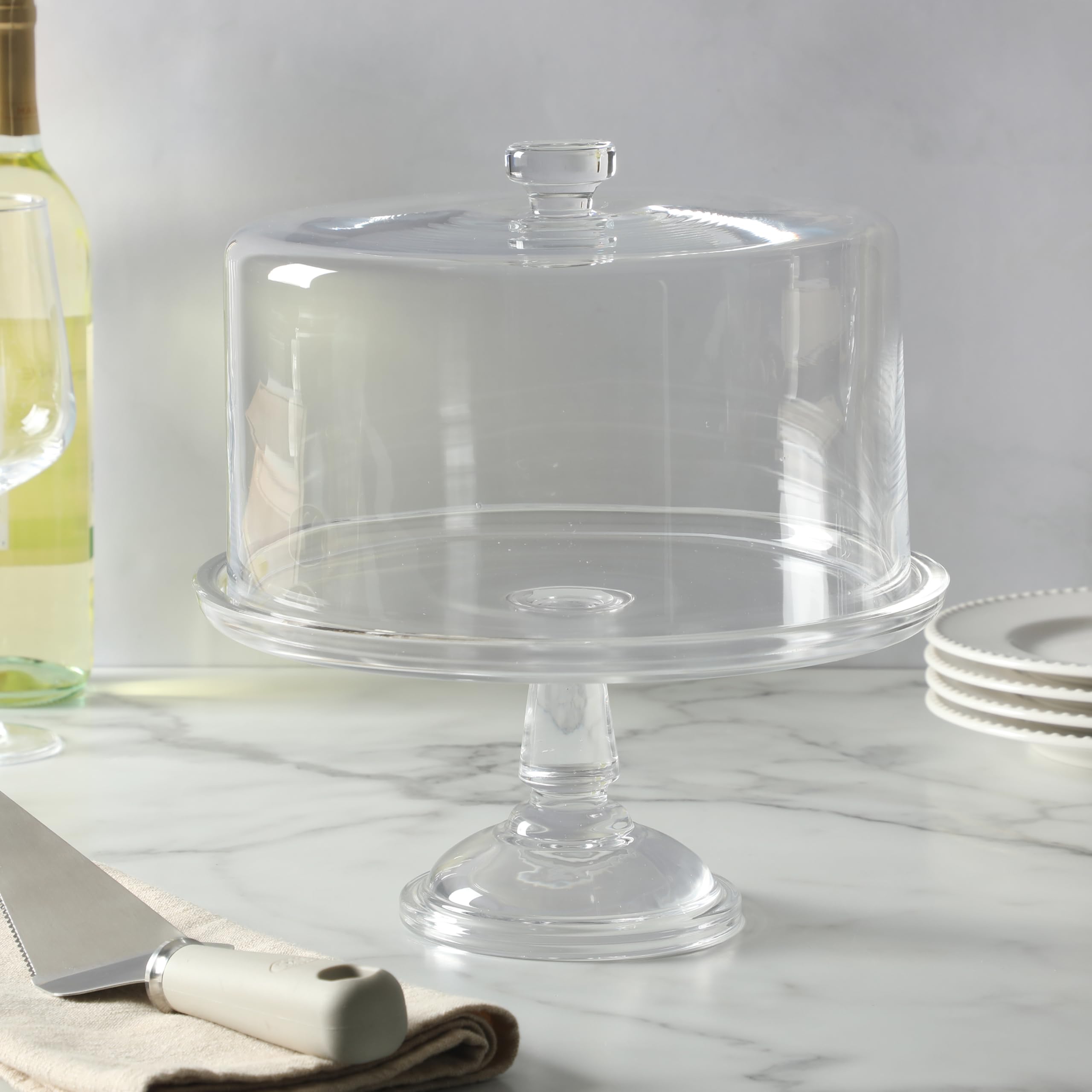 Martha Stewart Watercrest Glass Cake Stand, 10.2 Inch Footed Pedestal Cake Plate with Scalloped Ruffled Edge, Clear Handmade Glassware for Weddings, Parties, and Dessert Display