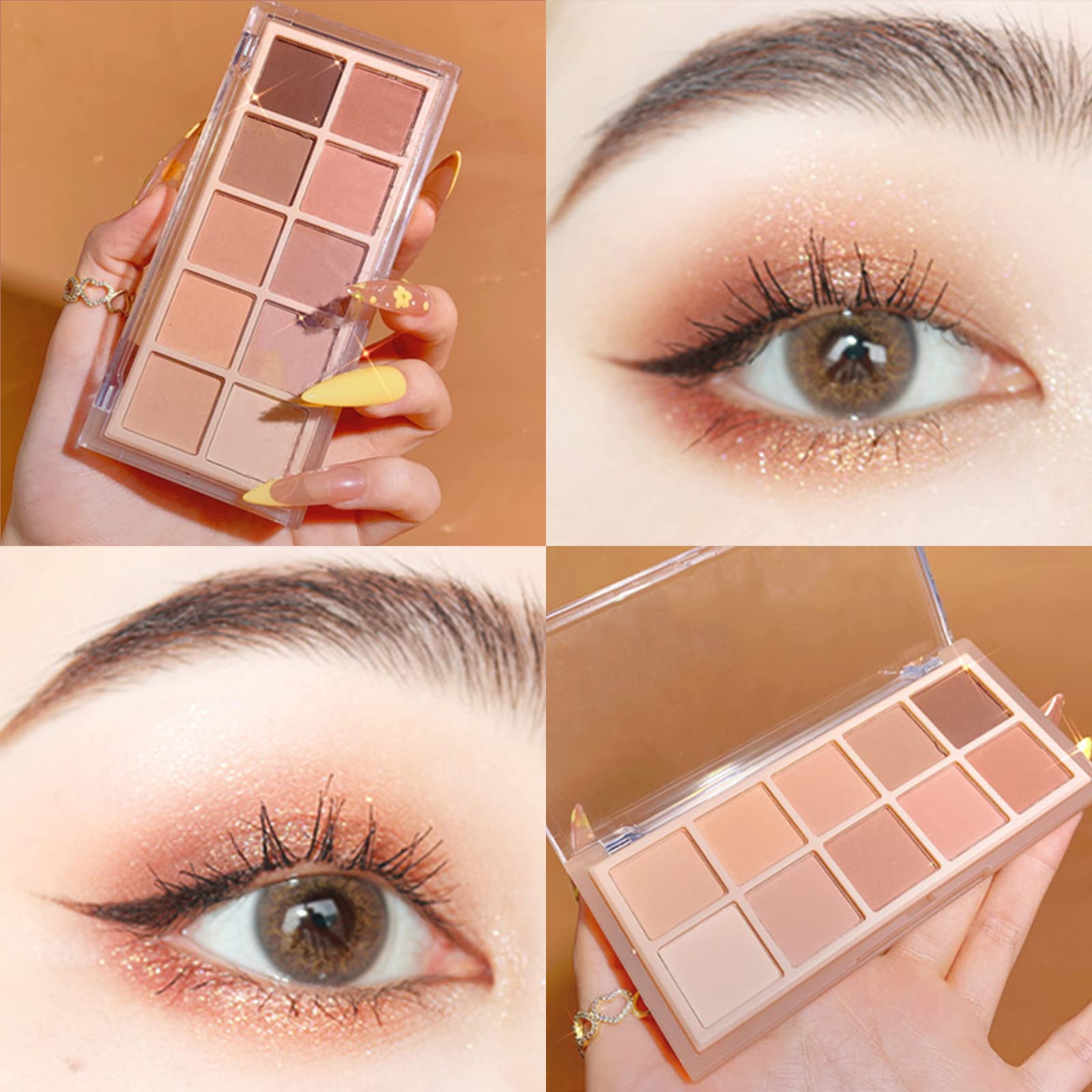 Erinde 10 Colors Eyeshadow Palette Makeup - Matte Shimmer Glitter Eye Shadow Korean Makeup, Ultra-Blendable, High Pigmented, Natural-Looking, Peach Brown Eyeshadow Pallet with Brush, Peach Color