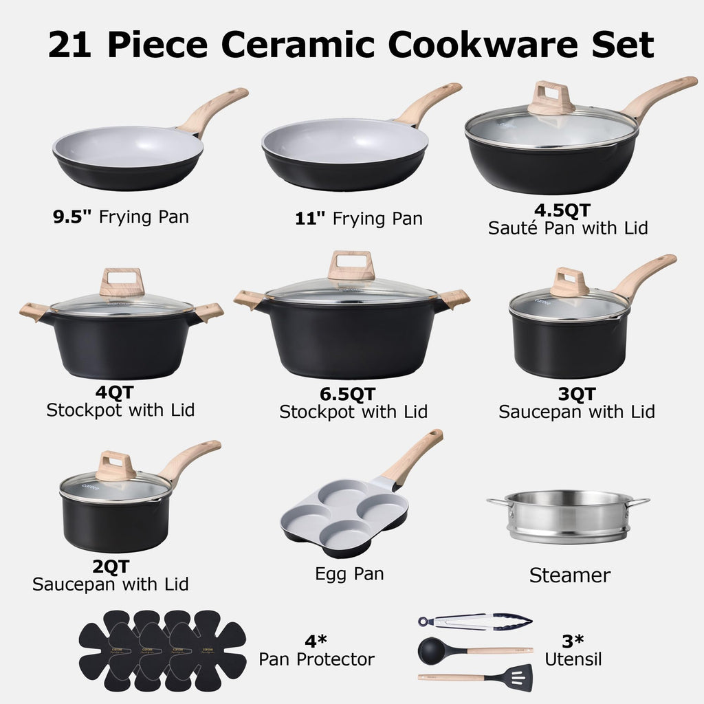 CAROTE 21pcs Pots and Pans Set Nonstick, Cookware Set Black Induction Kitchen Cooking Set w/Frying Pans & Saucepans(PFOS, PFOA Free)