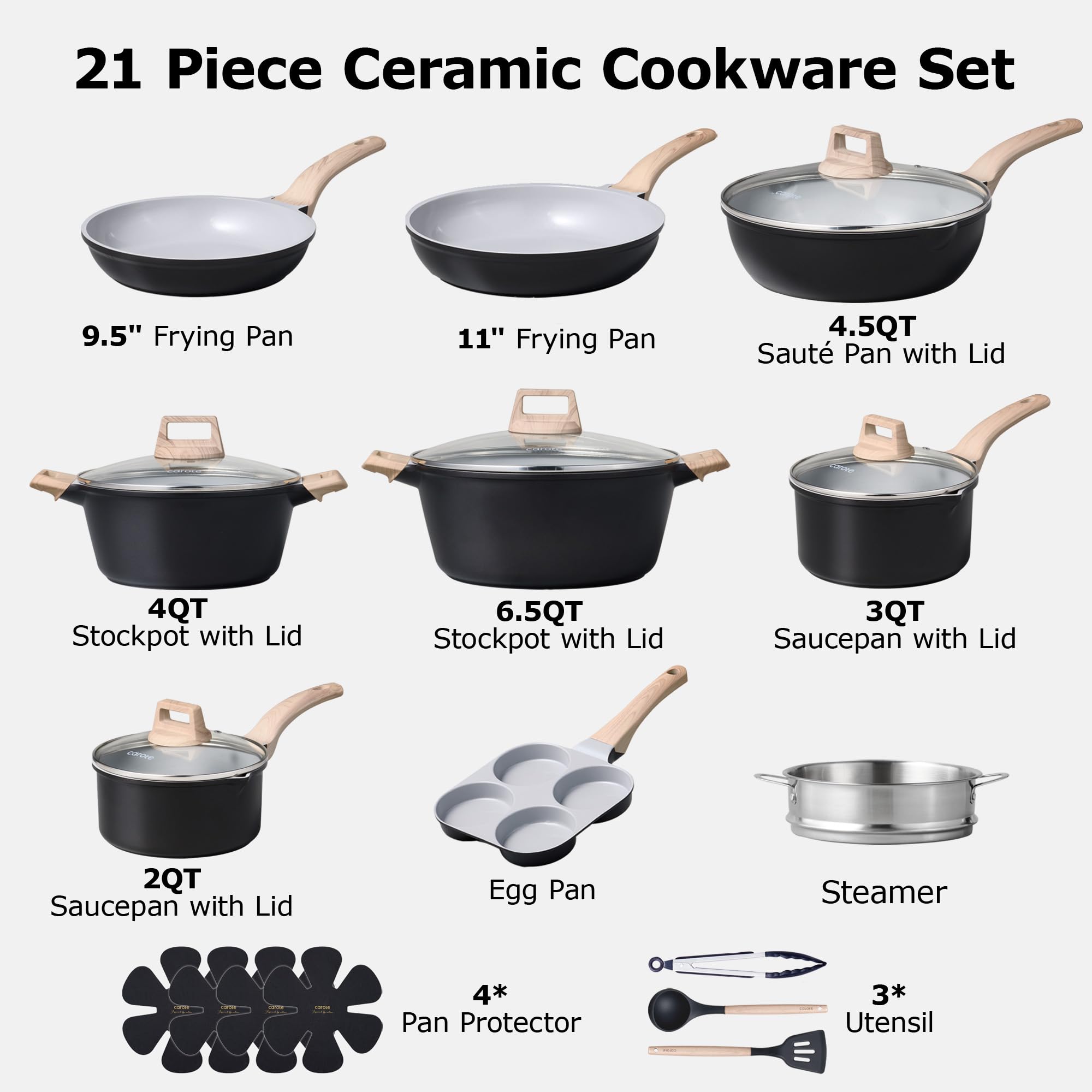 CAROTE 21pcs Pots and Pans Set Nonstick, Cookware Set Black Induction Kitchen Cooking Set w/Frying Pans & Saucepans(PFOS, PFOA Free)