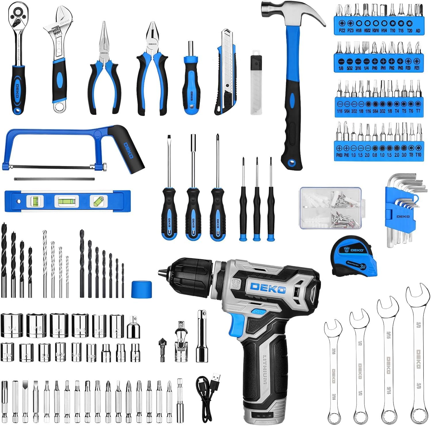 Tool Set: Tool Kit with 12V Cordless Drill, Hand Toolbox with storage case, Mechanic Tool set for Home Repairs, Green