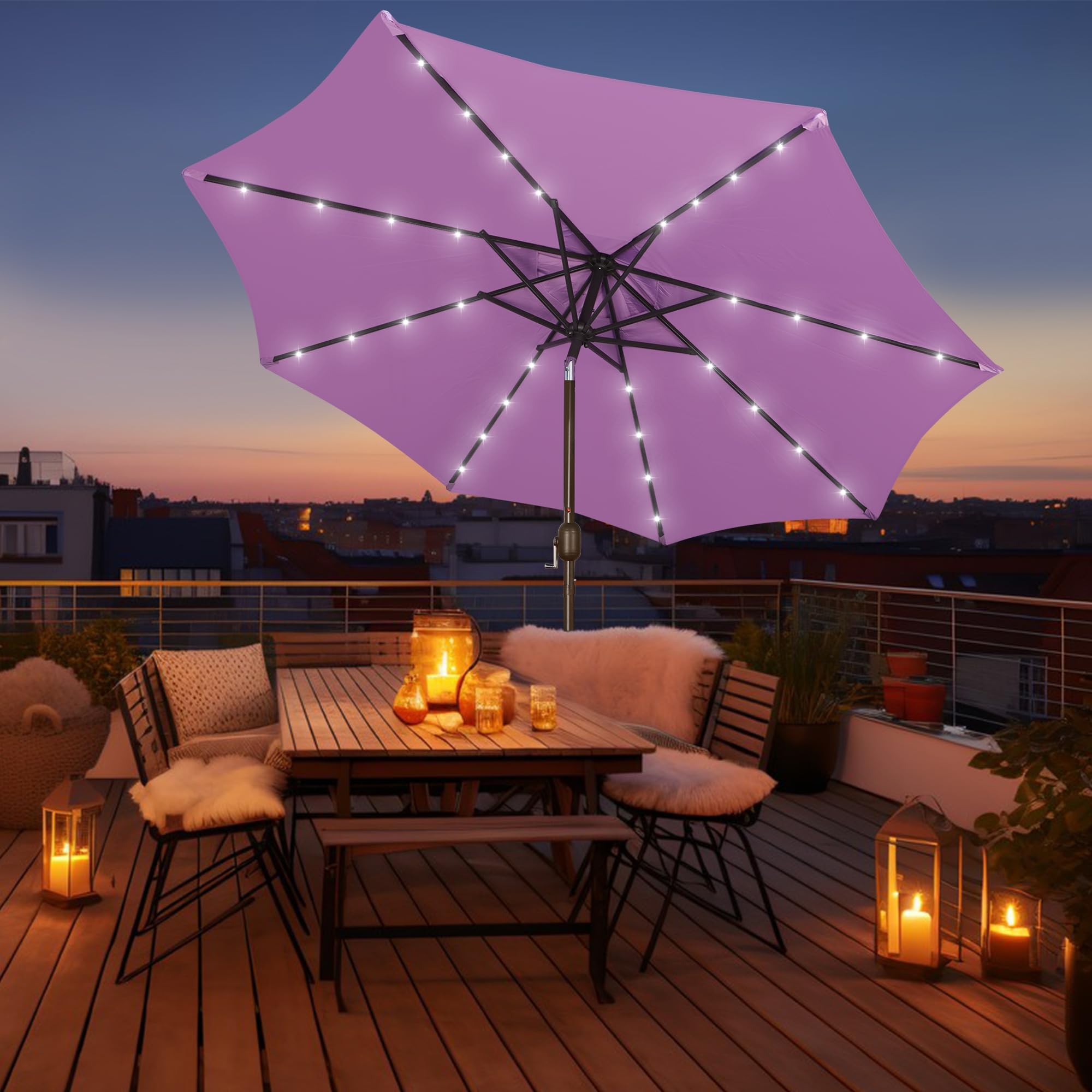Blissun 9 ft Solar Umbrella, 32 LED Lighted Patio Umbrella, Table Market Umbrella, Outdoor Umbrella for Garden, Deck, Backyard, Pool and Beach (Light Blue)