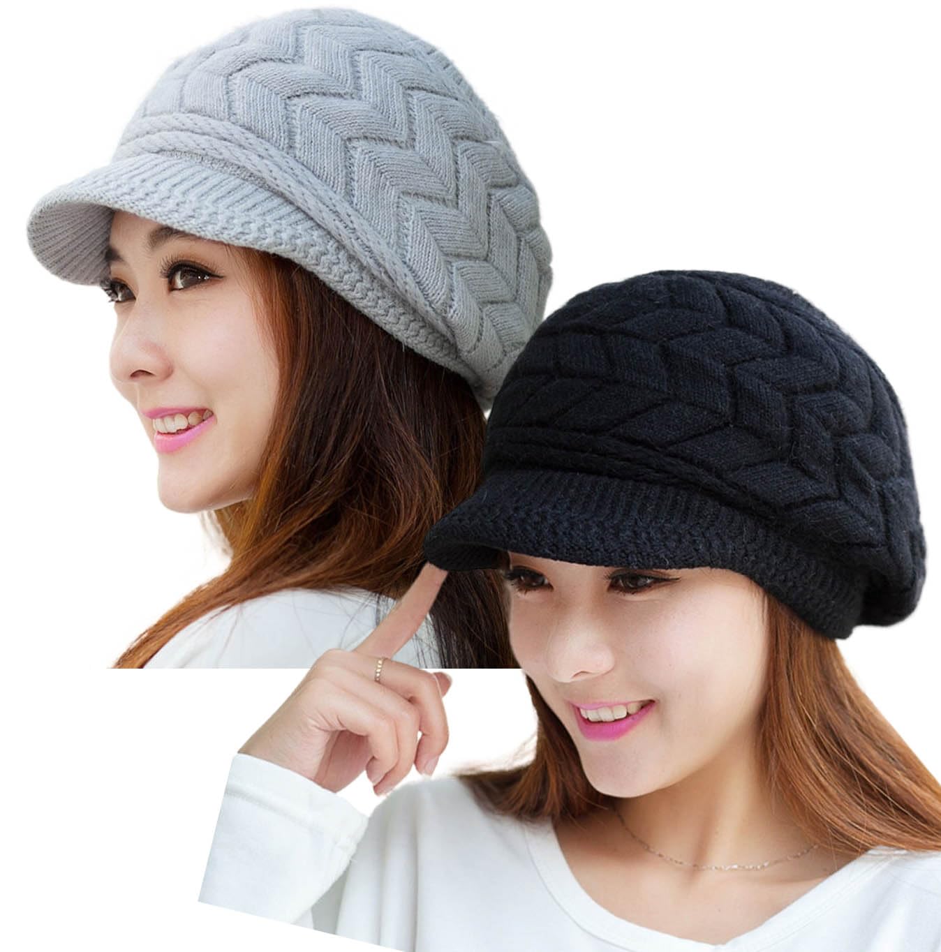 Women Winter Warm Knit Hat Wool Snow Ski Caps with Visor