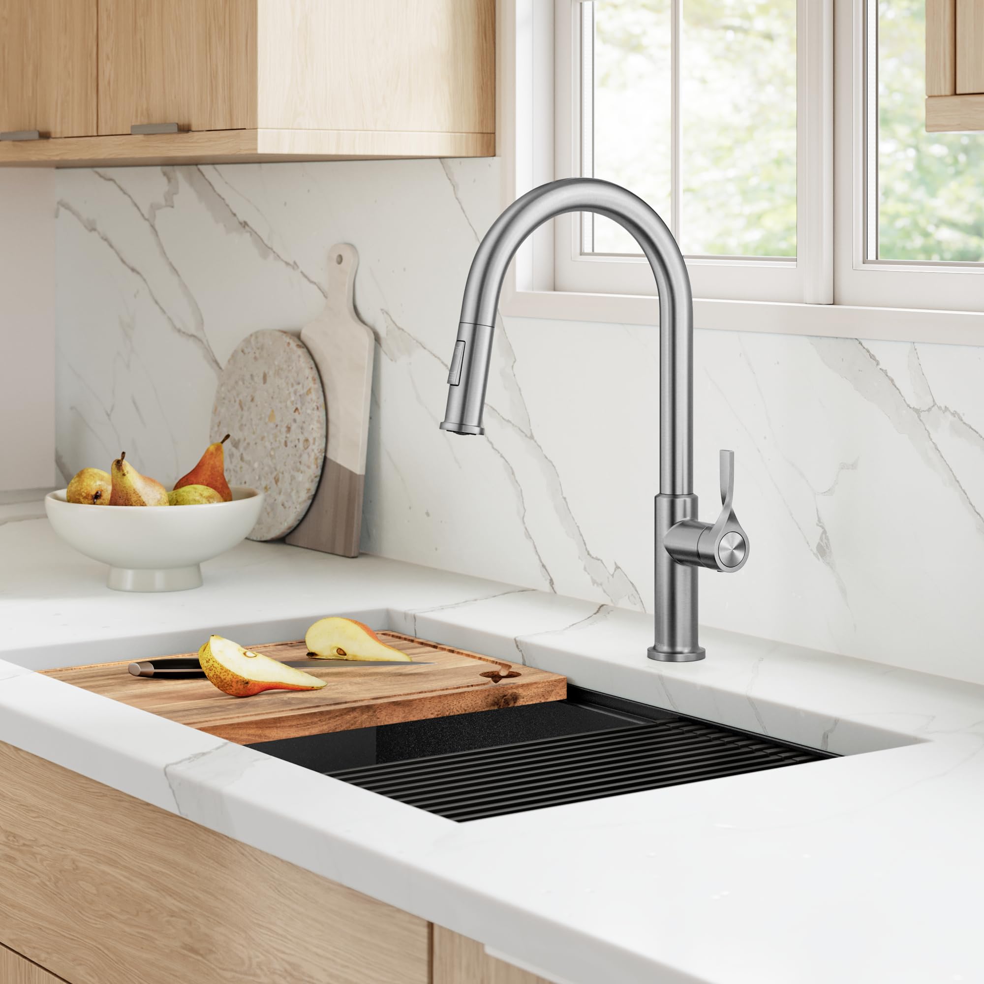 KRAUS Torak Pull Down Kitchen Faucet in Matte Black with Commercial Style Spring Spout, 2 Function Sprayer, Pre-Attached Water Lines, and Mounting Hardware, KPF-2635MB