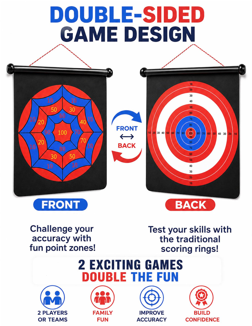 Magnetic Dart Board for Kids, Teens, Adults, Double-Sided Roll-Up Dart Board Games for Kids Age 3-18 with 12 Magnetic Darts, Indoor Outdoor Boys Toys for Backyard, Gifts for Teen Boys