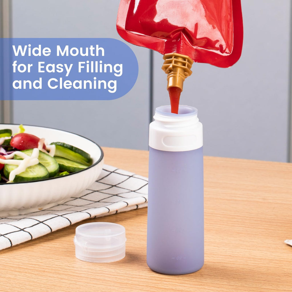 MICEBAY Condiment Squeeze Bottles for Sauces, 1-oz Mini Silicone Salad Dressing Container to Go with Snack Storage Bag, Leakproof Sauce Bottles for Lunch Box, 4 Pack, Blue