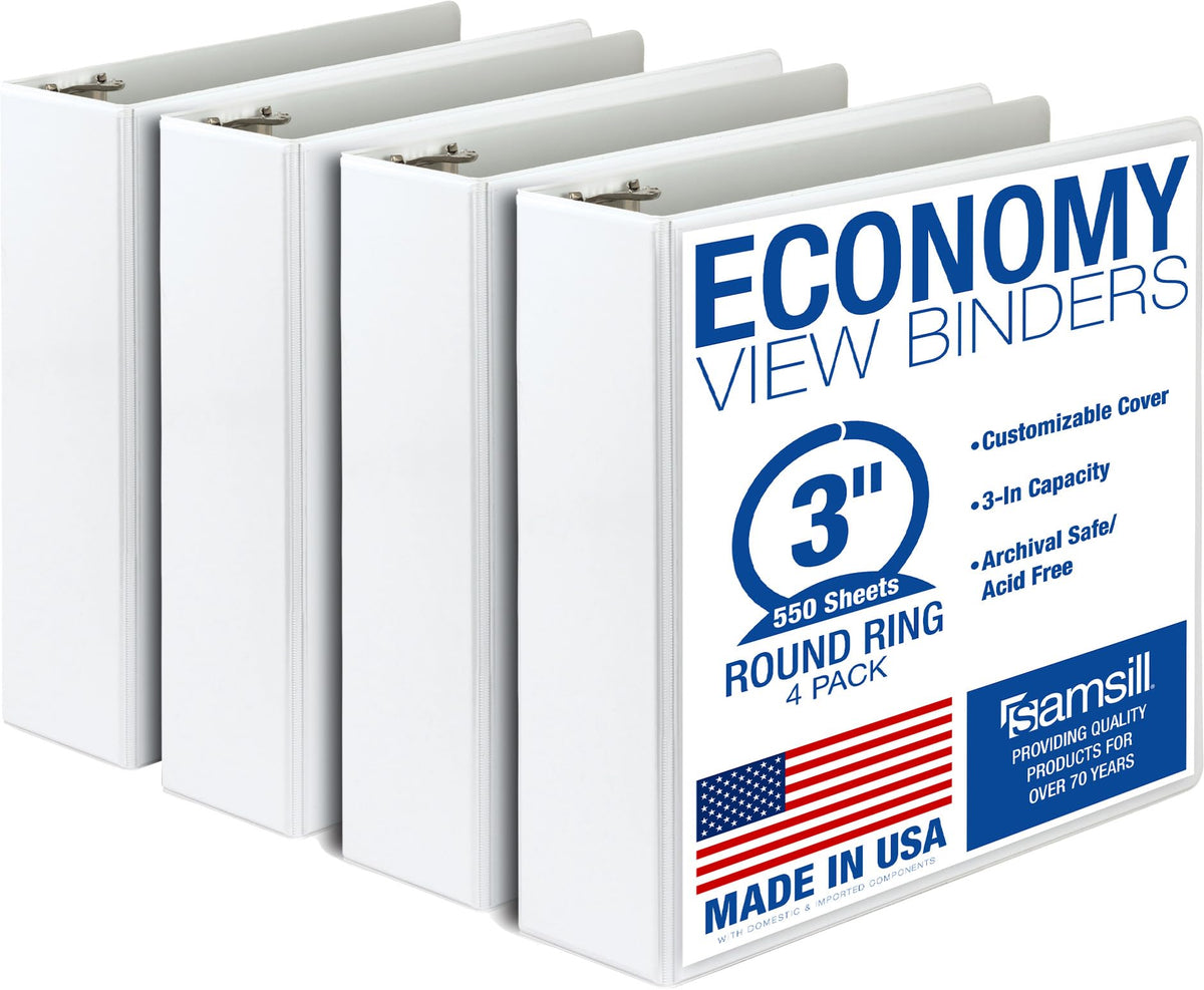 Samsill 1 Inch 3 Ring Binders, Economy Round Ring, Clear View Cover, 200 Sheet Capacity - for School, Home, Office - Blue, 4 Pack