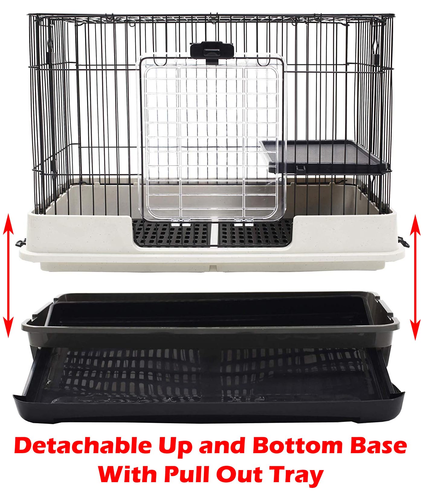 Deluxe 2-Level in/Outdoor Rabbit Hutch Cage for Ferret Squirrel Chinchilla Paw Safe Solid Platform Ramp Mesh Floor Pull Out Leakproof Easy Clean 2-Inch Deep Tray Large Access Doors Lockable Casters