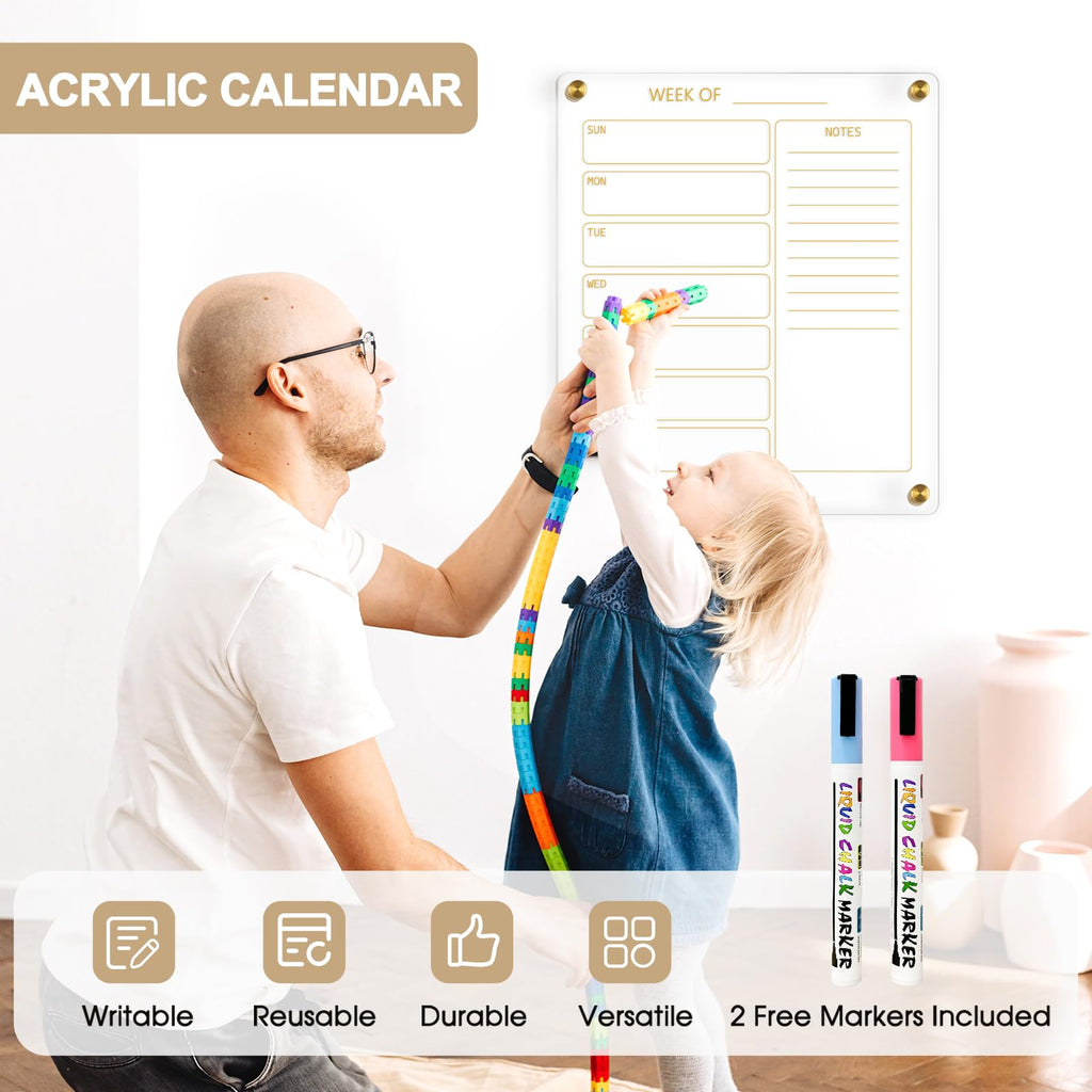 Acrylic Calendar for Wall Whiteboard, 12" x 12" Weekly Clear Dry Erase Board, Small Planning Board White Board for Wall, Home, Office, School