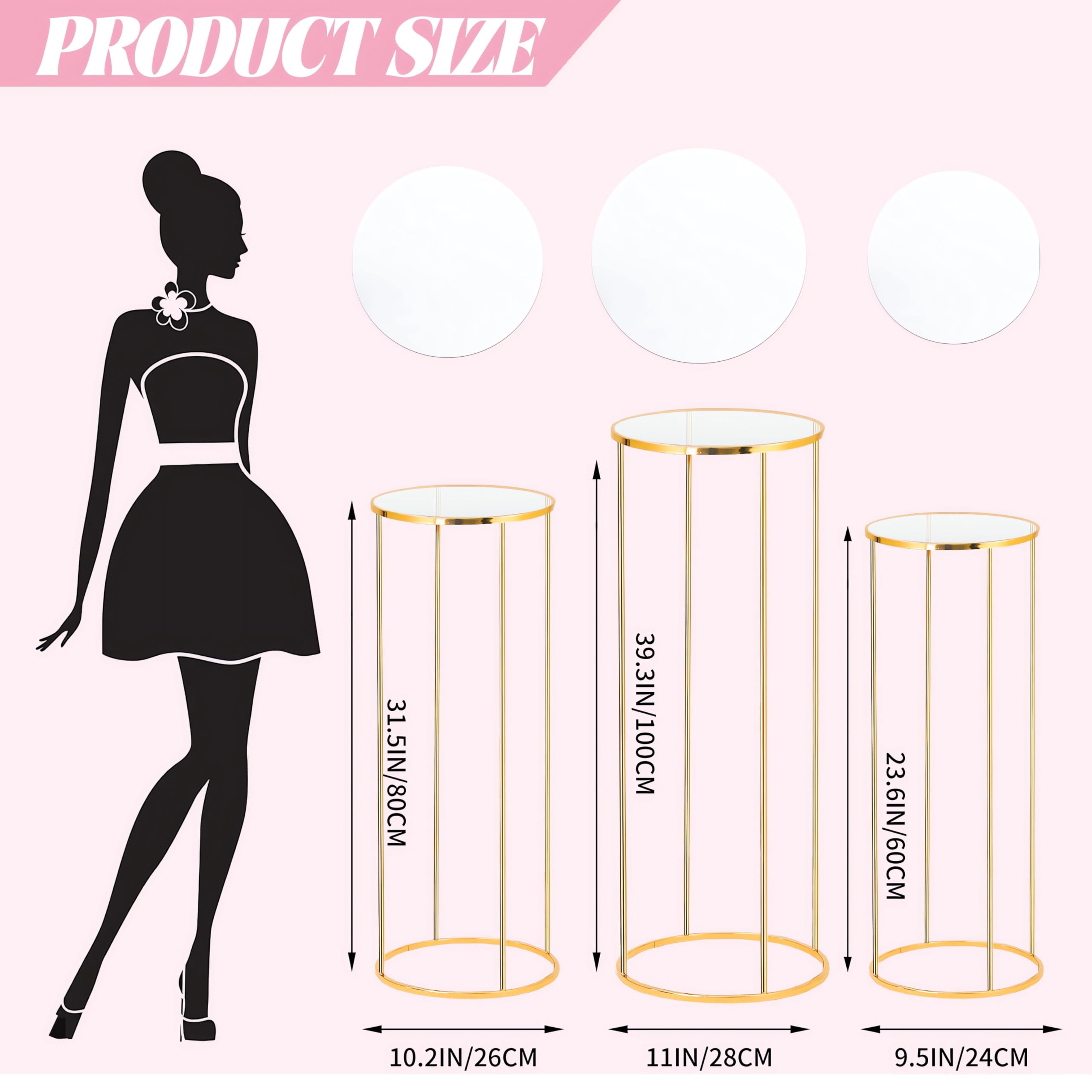 3PCS Cylinder Pedestal Stands for Parties, Gold Metal Plant Round Cylinder Stands for Party Flowers, Display Columns Pedestal Stand Cylinder Tables for Vases Birthday Party Backdrop Decorations