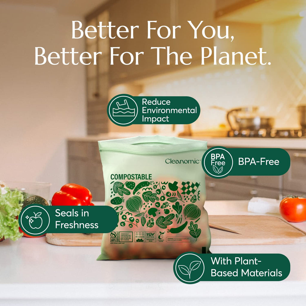 Cleanomic Compostable* Snack Size Food Storage Bags (50 Eco Zip) Freezer and Leak Proof, Also Available Gallon, Quart and Sandwich Size Bags