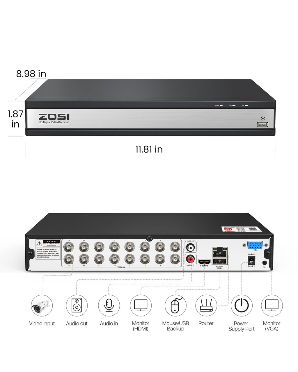 ZOSI H.265+ 1080P FHD 16 Channel DVR for Home Security Camera System with AI Human Vehicle Detection, Hybrid 4-in-1(Analog/AHD/TVI/CVI) Surveillance CCTV DVR Recorder, Remote Access, Email Alarm