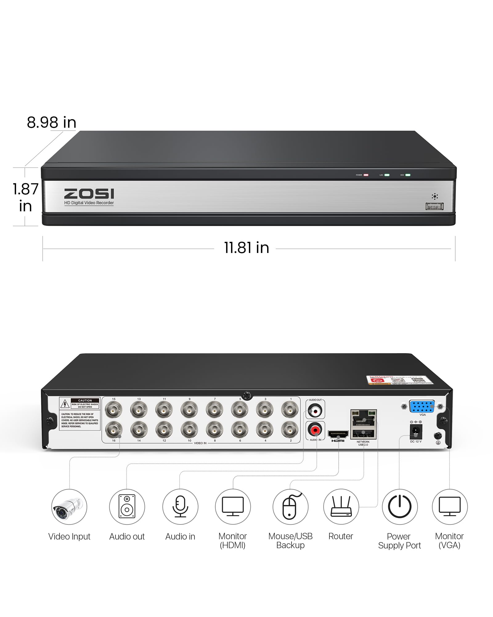 ZOSI H.265+ 1080P FHD 16 Channel DVR for Home Security Camera System with AI Human Vehicle Detection, Hybrid 4-in-1(Analog/AHD/TVI/CVI) Surveillance CCTV DVR Recorder, Remote Access, Email Alarm