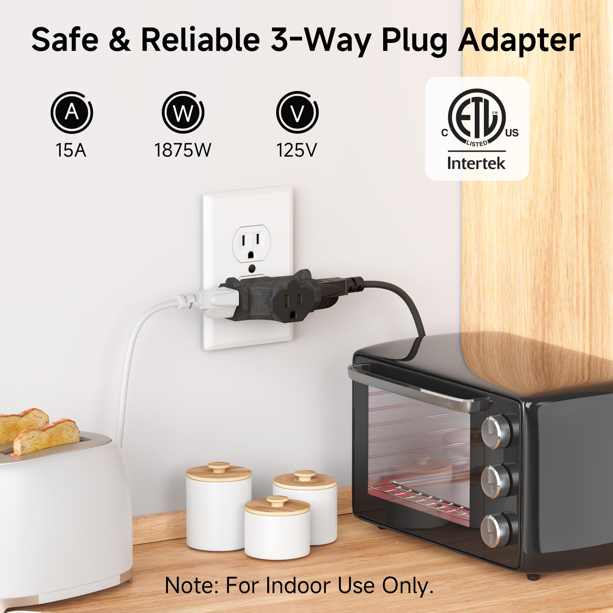 [ETL Listed] Cable Matters 3-Pack 3 Way Plug Adapter 15A 1875W, 3 Prong 3 Outlet Adapter, Power Splitter Plug Outlet, 3 Way Electrical Splitter, Black