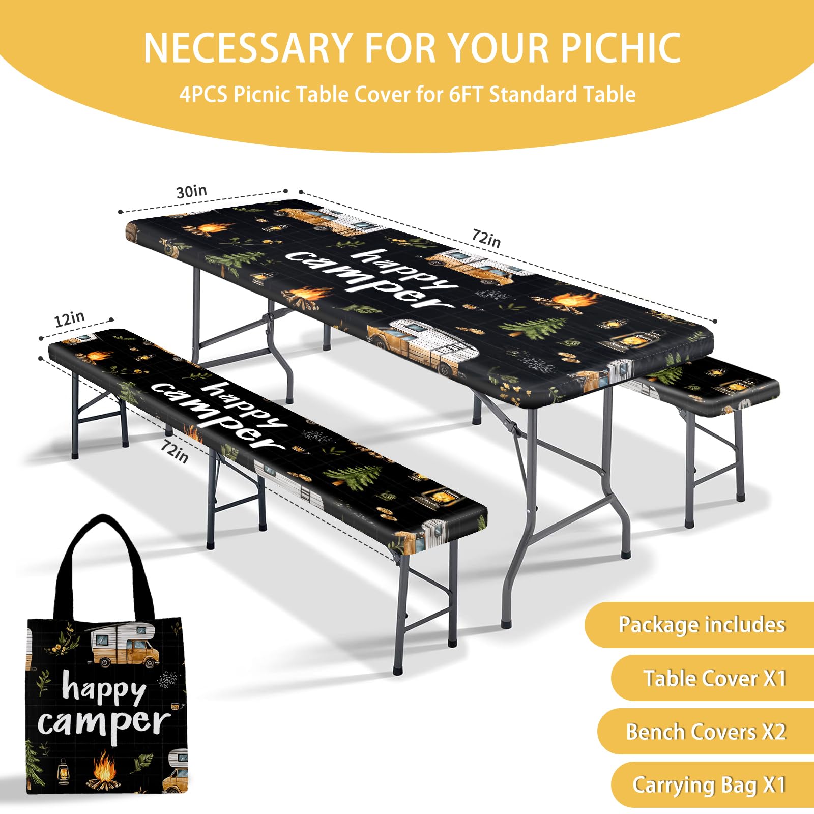 Park Picnic Table Cover with Bench Covers Lightweight Camping Essentials, Oil-Proof Waterproof 3PCS Tablecloth with Elastic, Fitted for Table 6FT Rectangle and Seats, American Flag Eagle (72x30in)