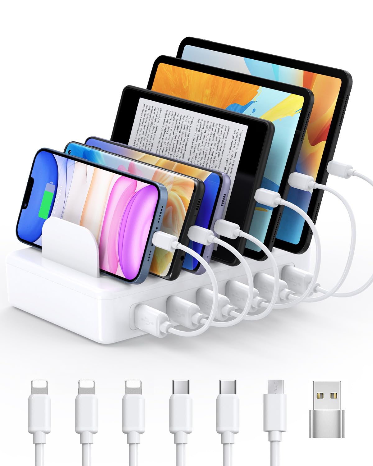 CREATIVE DESIGN 50W 6 Ports Multi Charger Station with 6 Charging Cables, USB Charging Dock for Multiple Devices, Compatible with Cellphone iPad Kindle Tablet and Other Electronic Devices