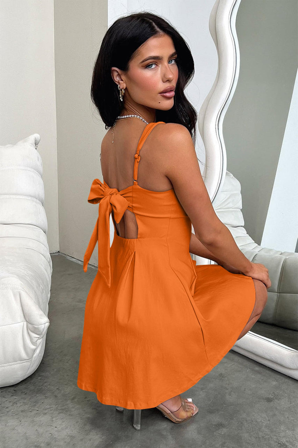 YMDUCH Women's Sexy Sleeveless Square Neck Adjustable Straps Bow Tie A-line Mini Party Club Dress