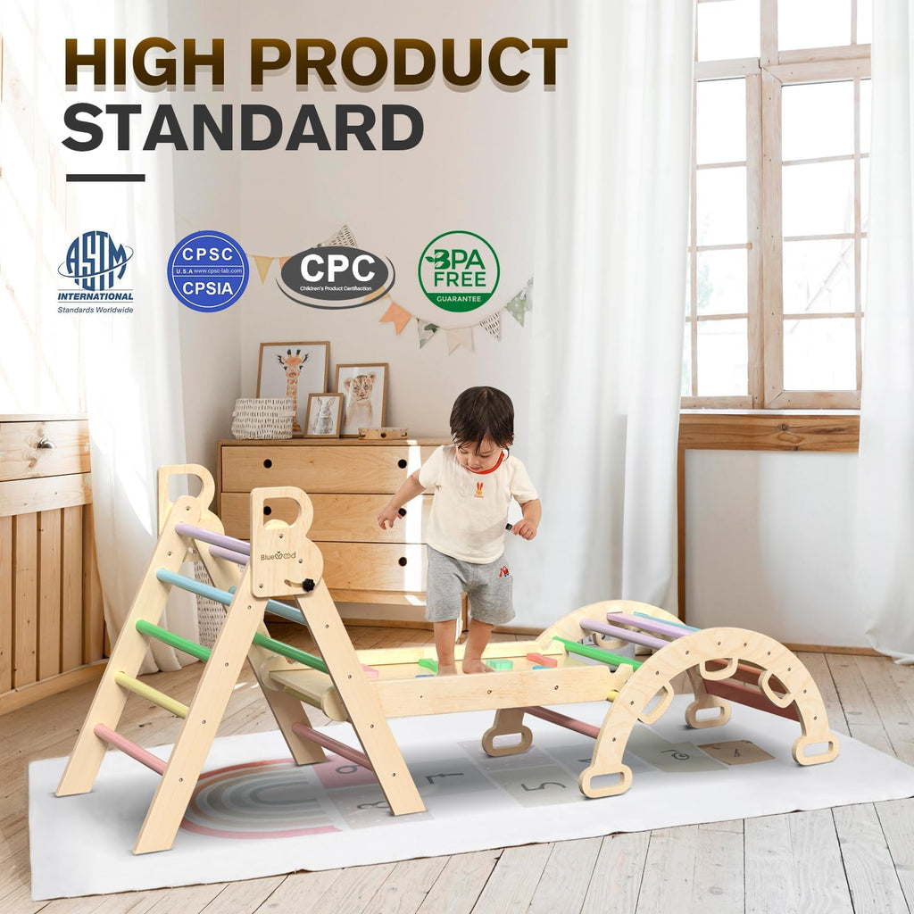 BlueWood Pikler Triangle Set with Safe Handle, Foldable 7-in-1 Montessori Toddler Climbing Toys Indoor, Wooden Pickler Climbing Set, Baby Jungle Gym & Playground, Climbing Toys for 1-3 Year, Colorful